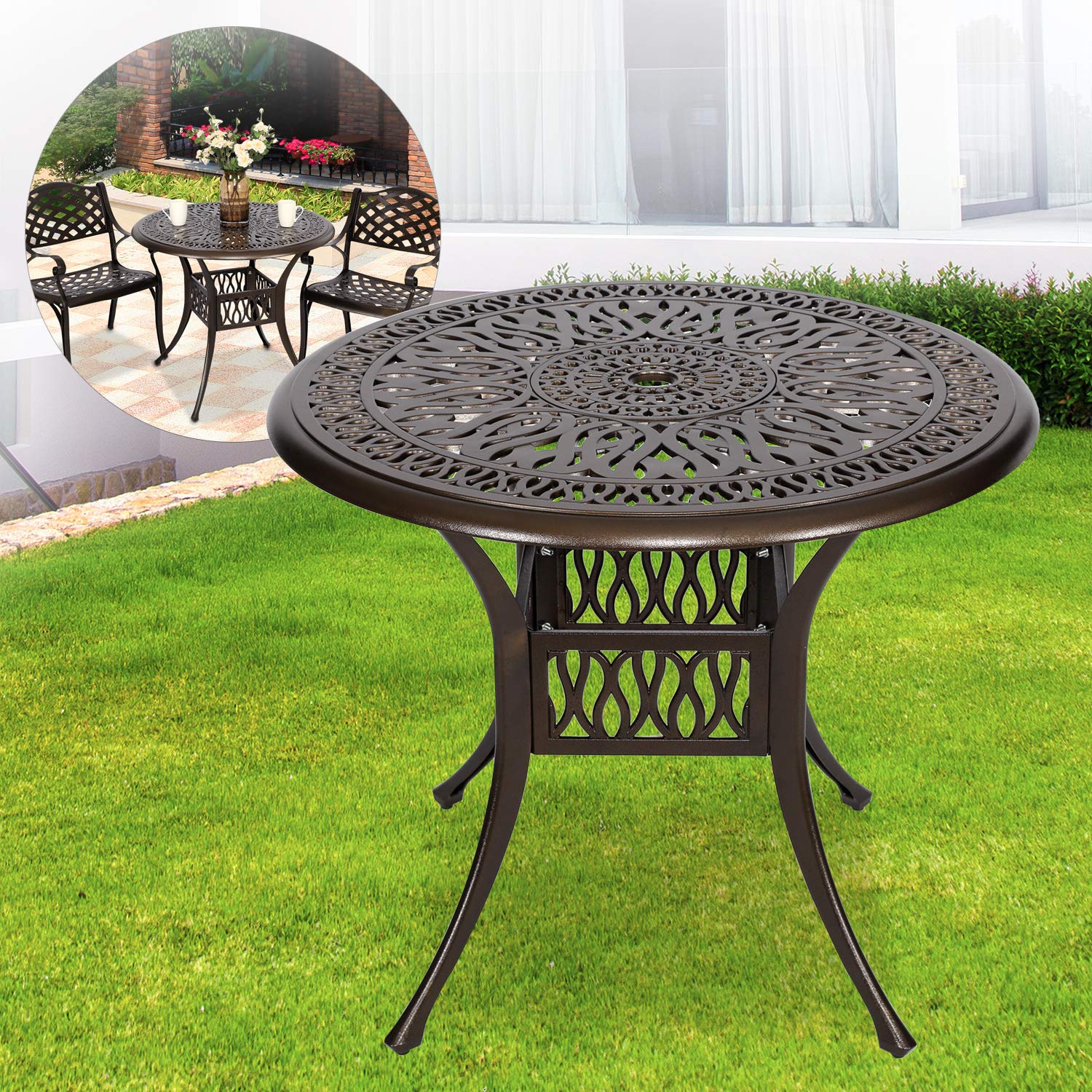 YUSING 35.4 Inch Round Outdoor Dining Table - Durable Cast Aluminum Patio Bistro Set with 2 Inch Umbrella Hole - Perfect for Kitchen, Garden, Yard, Backyard, Restaurant & Outdoor Entertaining