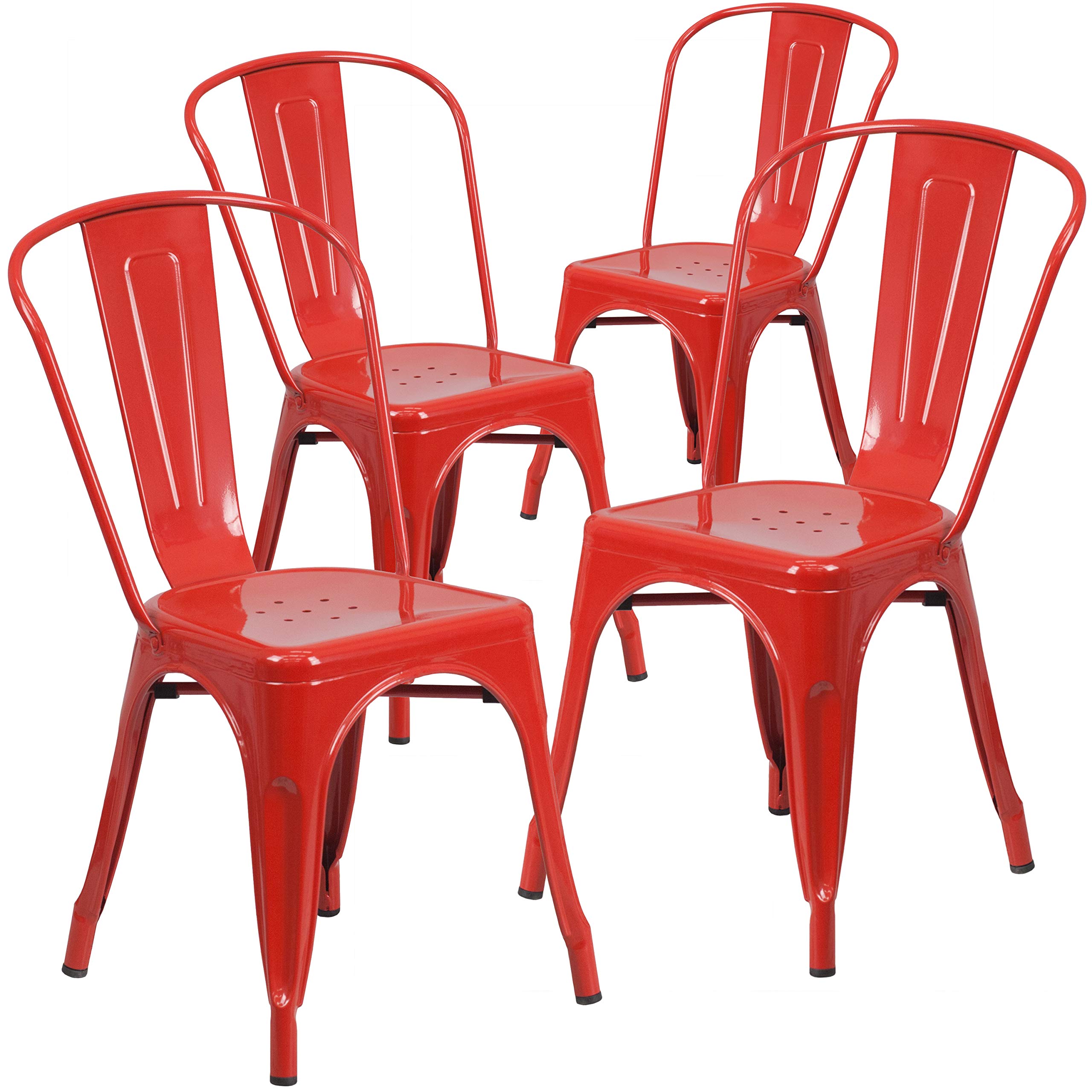 Emma & Oliver 4-Pack Red Metal Stackable Indoor Outdoor Chairs - Durable Bistro & Restaurant Dining Chairs for Patio, Cafe, Garden & Home Decor