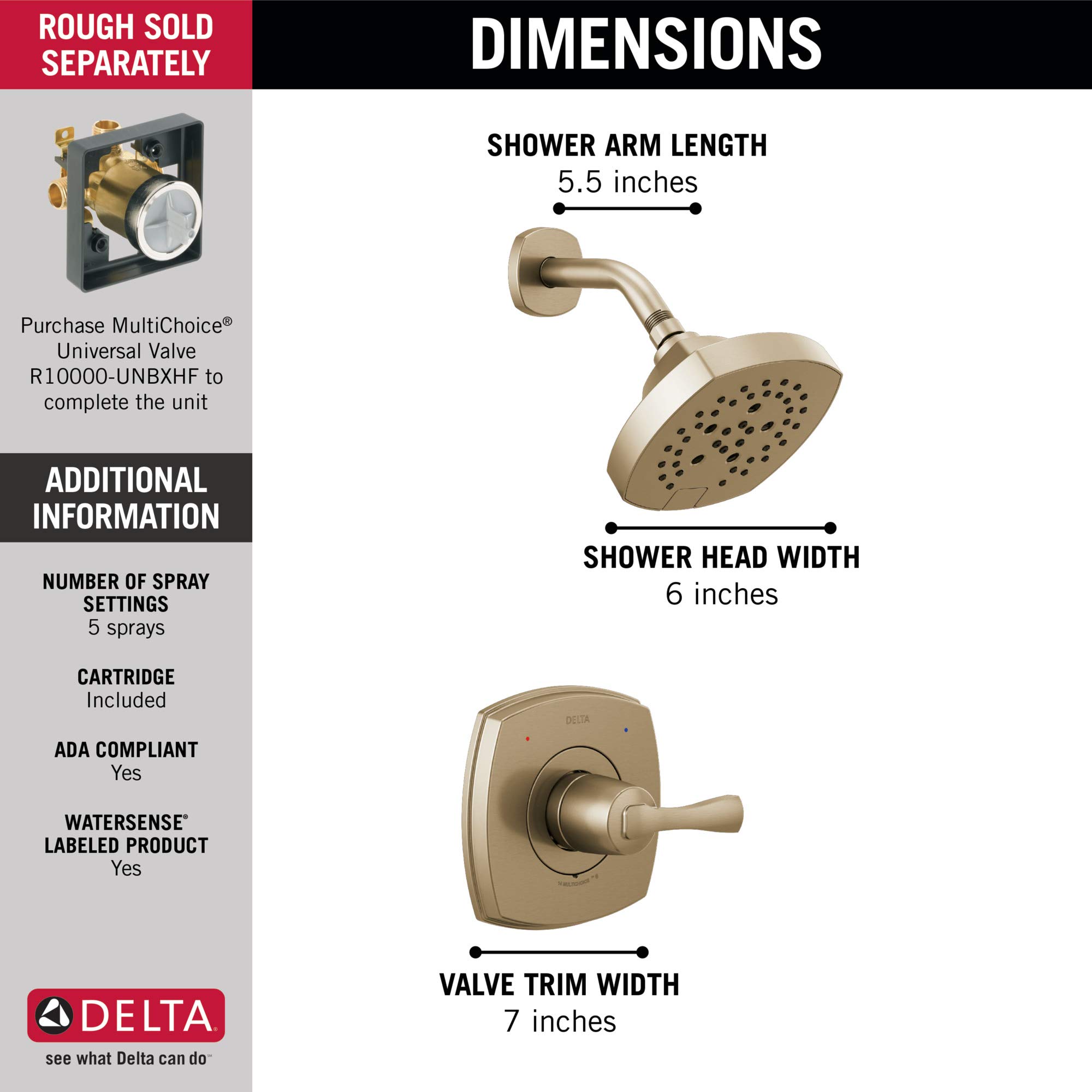 Delta Stryke 14 Series Single-Function Shower Faucet Set with H2Okinetic Shower Head - Champagne Bronze T14276-CZ (Valve Not Included) | Modern Bathroom Upgrade for Water-Efficient Luxury Shower Experience