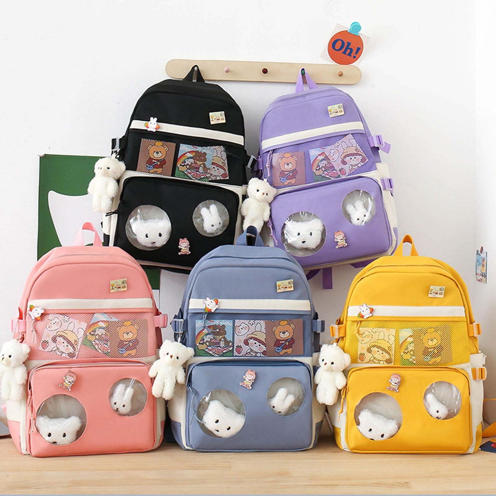 5Pcs Cute Kawaii Backpack Set for School - Aesthetic Yellow Backpack with Accessories | Girls School Supplies, College Backpack, Travel Daypack for Teens & Kids