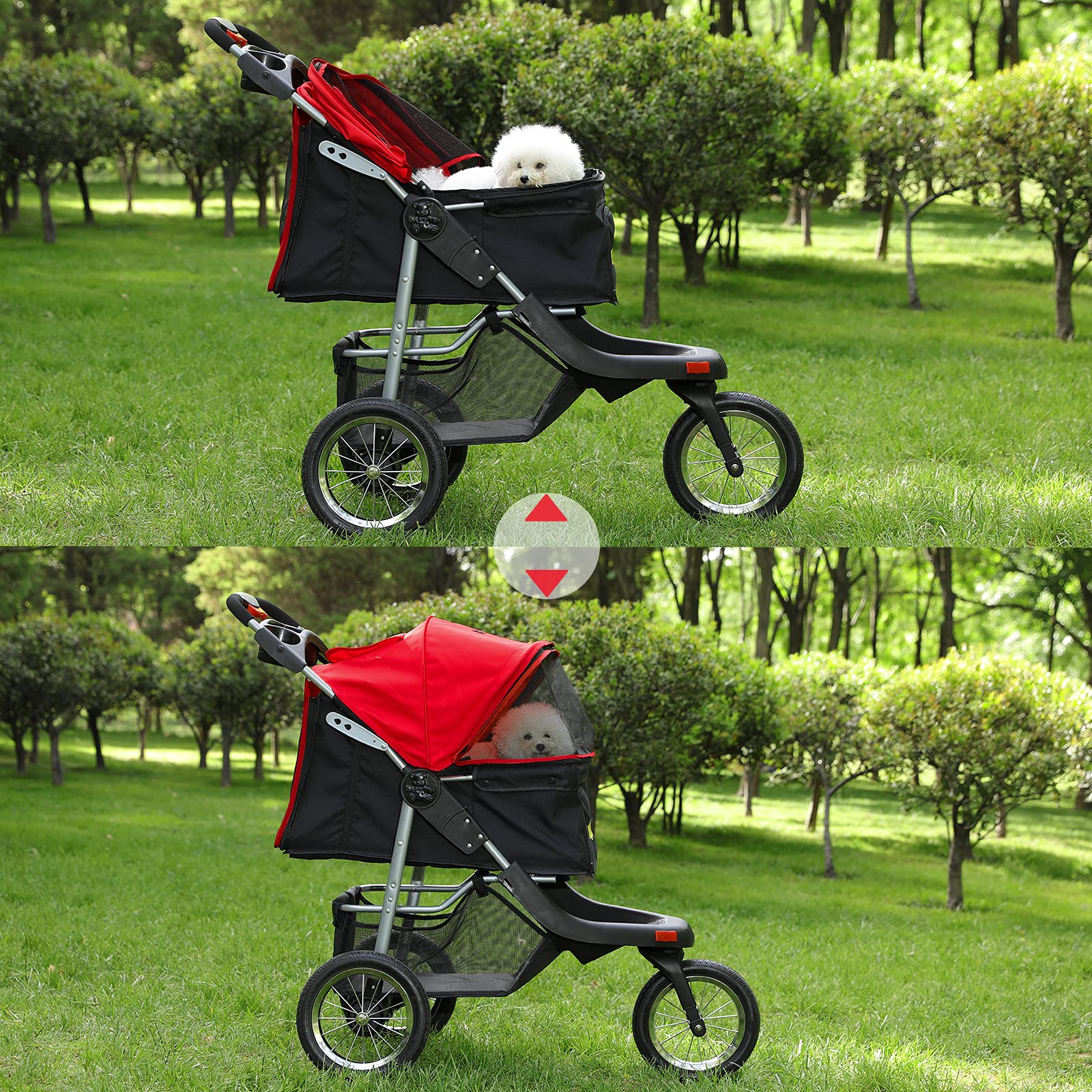 VIAGDO Heavy Duty 3-Wheel Pet Stroller for Small & Medium Dogs & Cats - Foldable Design with Suspension System, Link Brake & One-Hand Fold - Supports Up to 55 lbs (Black/Red) - Perfect for Vet Visits, Shopping & Outdoor Adventures