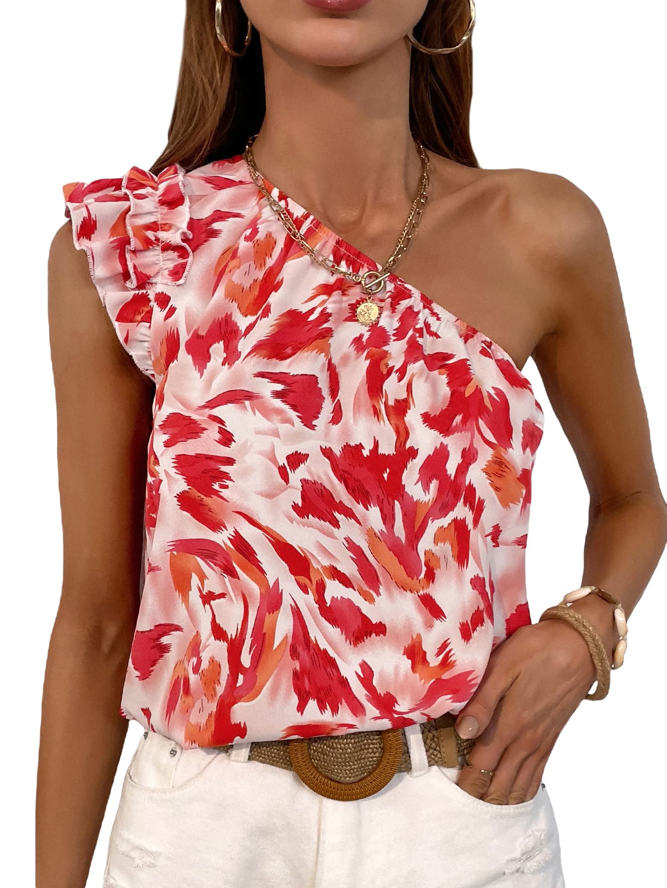 Milumia Women's Boho One Shoulder Ruffle Flutter Sleeve Printed Blouse - Casual Summer Tops for Beach, Vacation & Date Night Outfits