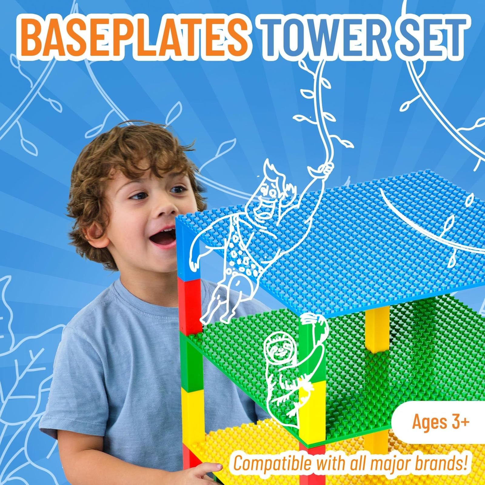 Strictly Briks Lego-Compatible 10x10 Inch Building Baseplates - 4 Stackable Toy Blocks with 30 Connectors (Blue, Green, Red, Yellow) for Kids STEM Learning | Perfect for Creative Play, Classroom Activities & DIY Brick Towers