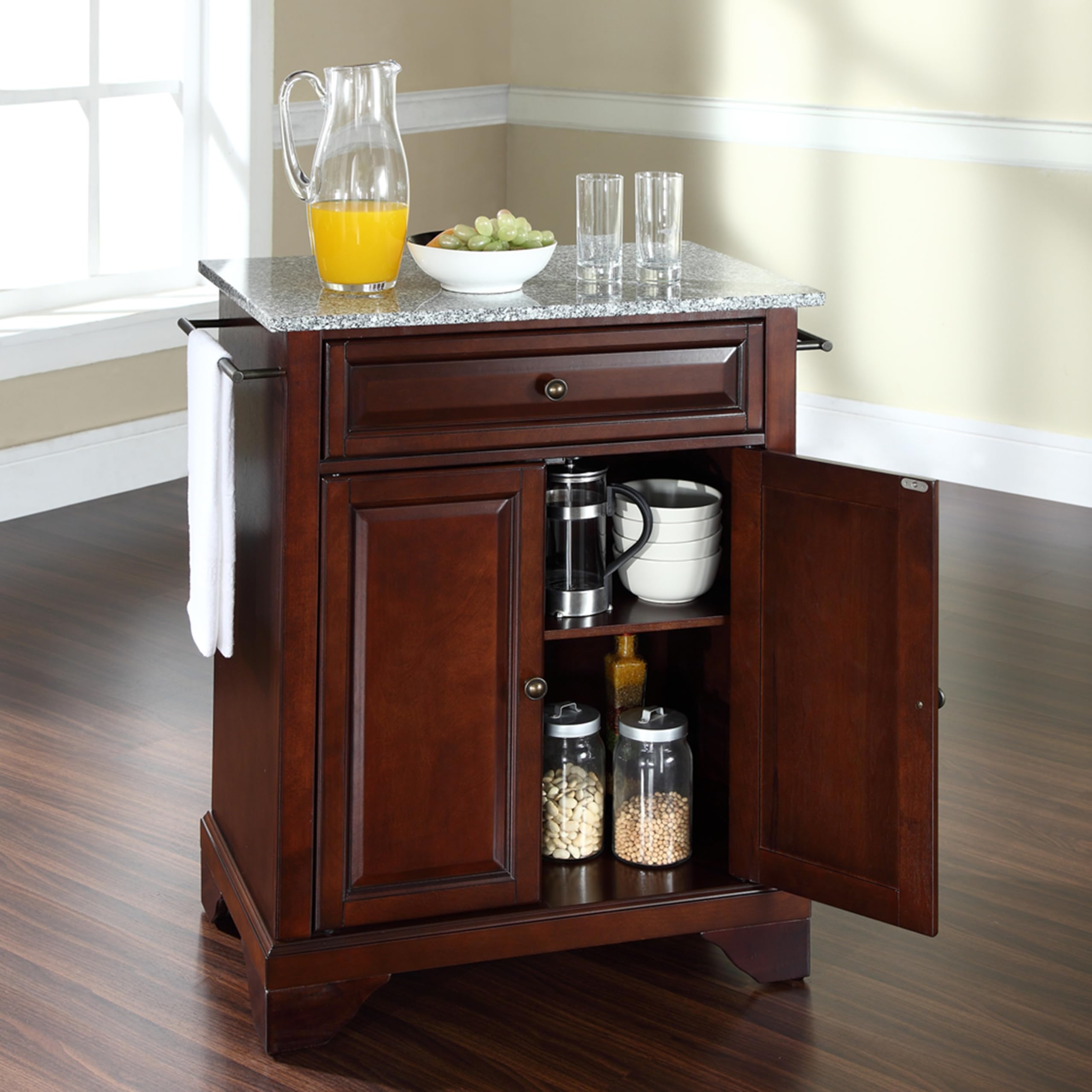 Crosley Lafayette Granite Top Portable Kitchen Island Cart with Wheels - Microwave Stand, Storage Cabinet, Mahogany Finish for Small Spaces | Perfect for Apartments, Dorms & Compact Kitchens