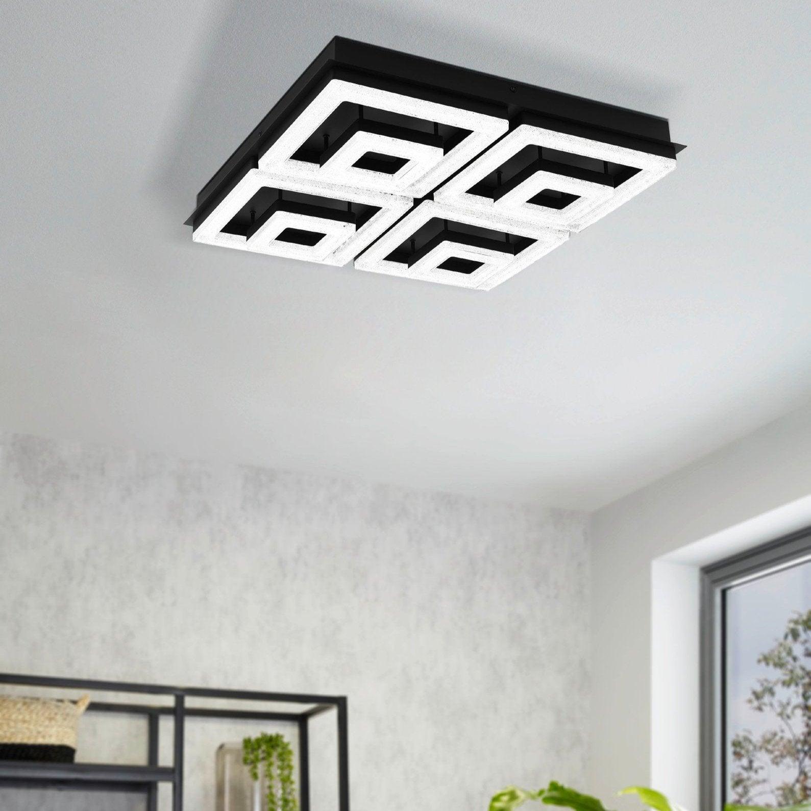Eglo Fradelo 52cm Square Black & Clear Glass Crystal LED Flush Mount Ceiling Light - Modern Lighting for Bedroom, Living Room, Kitchen & Hallway