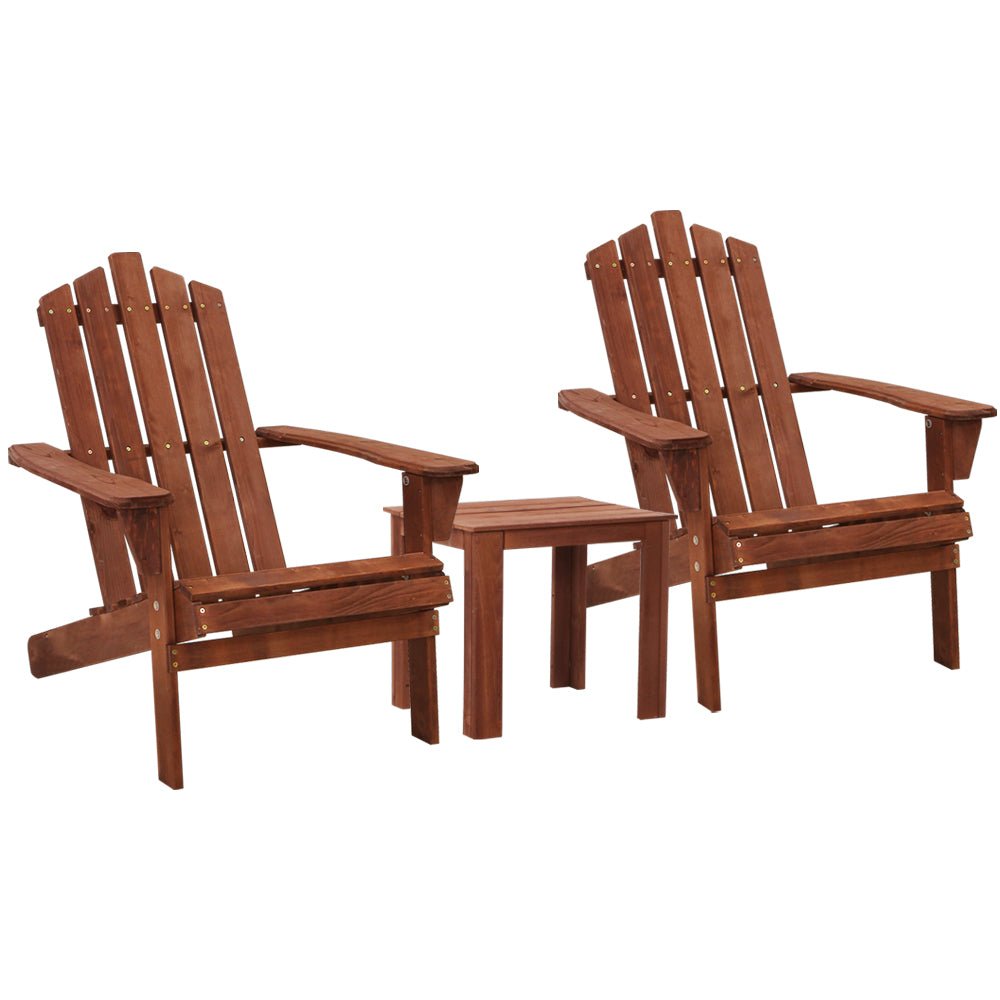 3-Piece Adirondack Outdoor Table and Chairs Set - Solid Wood Patio Furniture, Brown - Perfect for Beach, Garden, Deck, and Backyard Relaxation