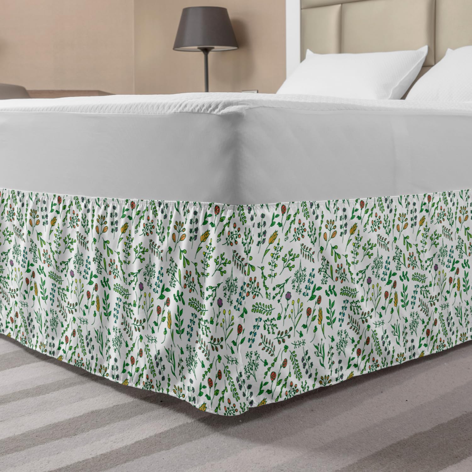 Ambesonne Elastic Bed Skirt - Queen Size, White Multicolor Floral Botanical Design with Herbs & Twigs - Wrap Around Dust Ruffle for Bedroom Decor, Home Styling & Guest Room Makeover