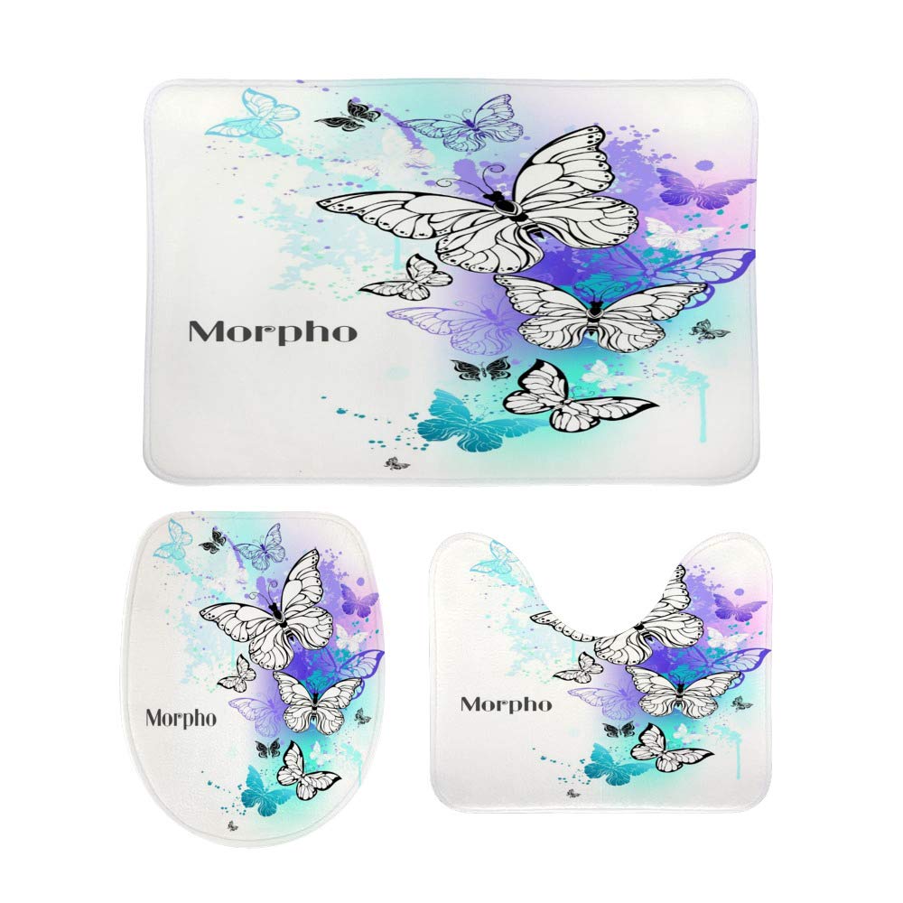 3-Piece Non-Slip Bathroom Rug Set - Soft Coral Fleece Contour Toilet Mat, Lid Cover & Shower Mat with Butterfly Design | Perfect for Bathroom, Toilet & Shower Safety & Decor