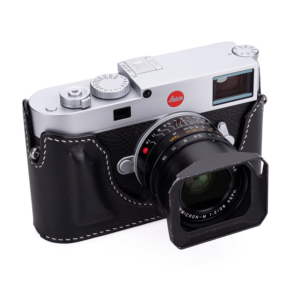 Arte di Mano Premium Leather Half Case for Leica M11 Camera - Minerva Black with White Stitching | Advanced Battery Access Door | Perfect for Street Photography & Travel Protection