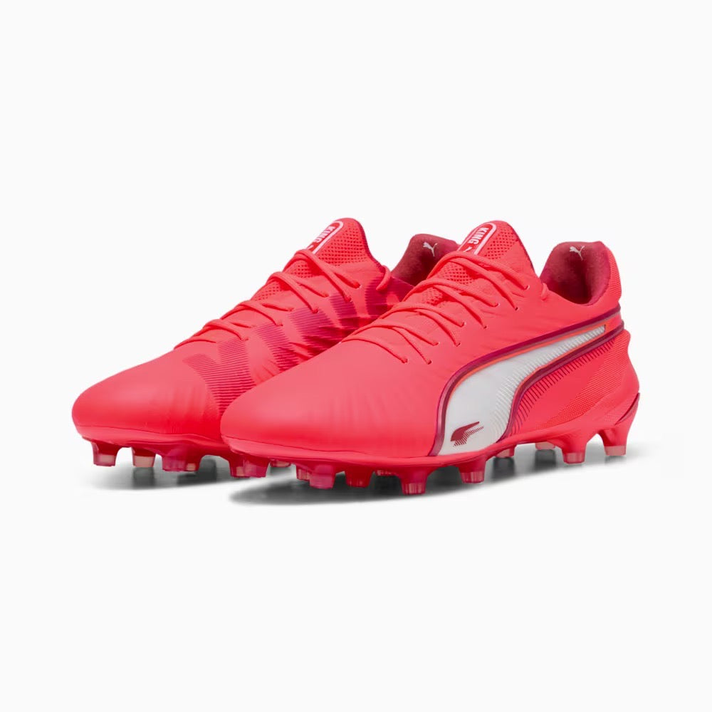 Puma King Ultimate FG/AG Football Boots for Men - Glowing Red & White Soccer Cleats - Lightweight Performance Shoes for Turf & Artificial Grass - Perfect for Training & Matches