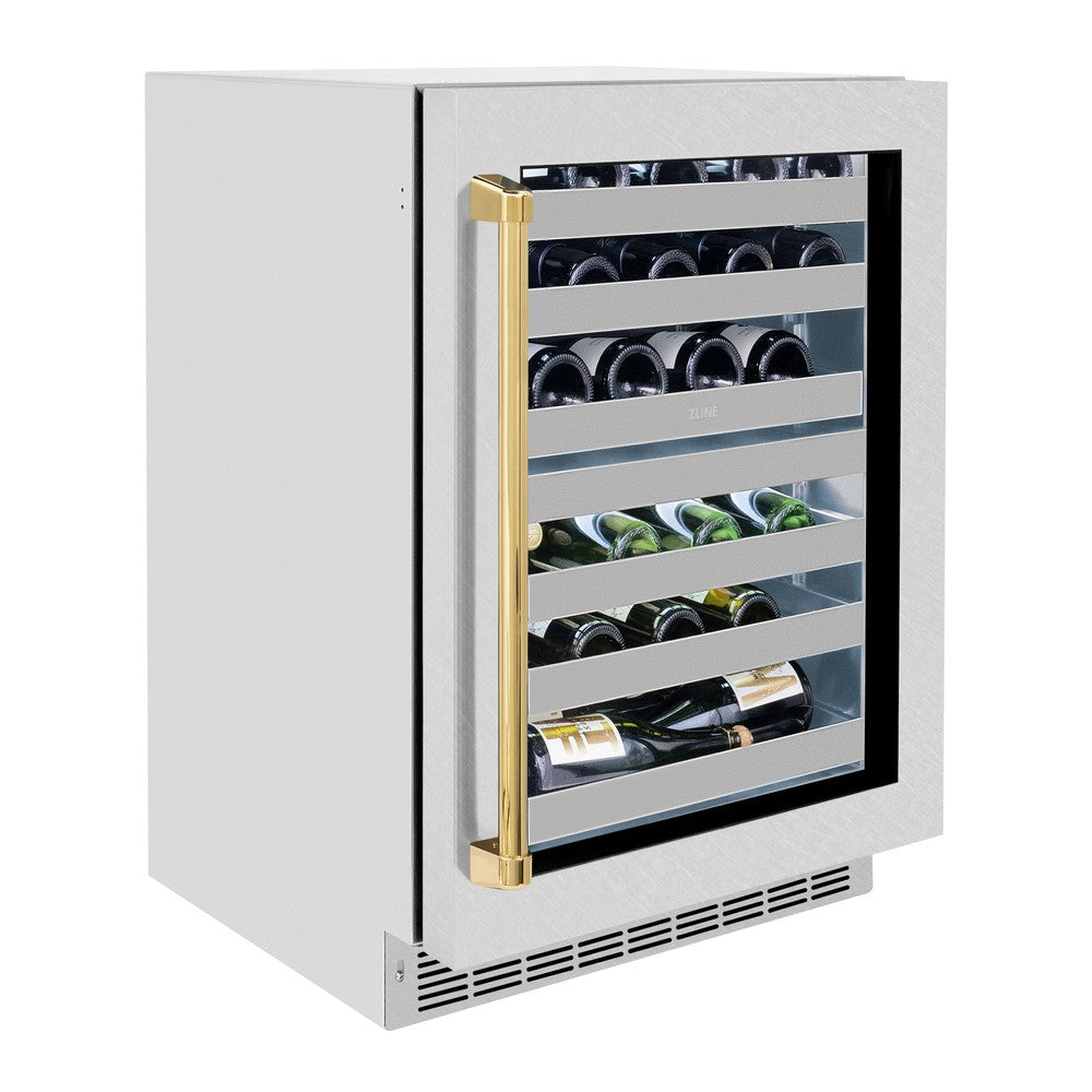 ZLINE Autograph Edition 24 Inch Dual Zone 44 Bottle Wine Cooler Refrigerator - Stainless Steel Glass Door with Gold Handle for Home Bar, Kitchen, or Dining Room - Perfect for Wine Storage and Entertaining