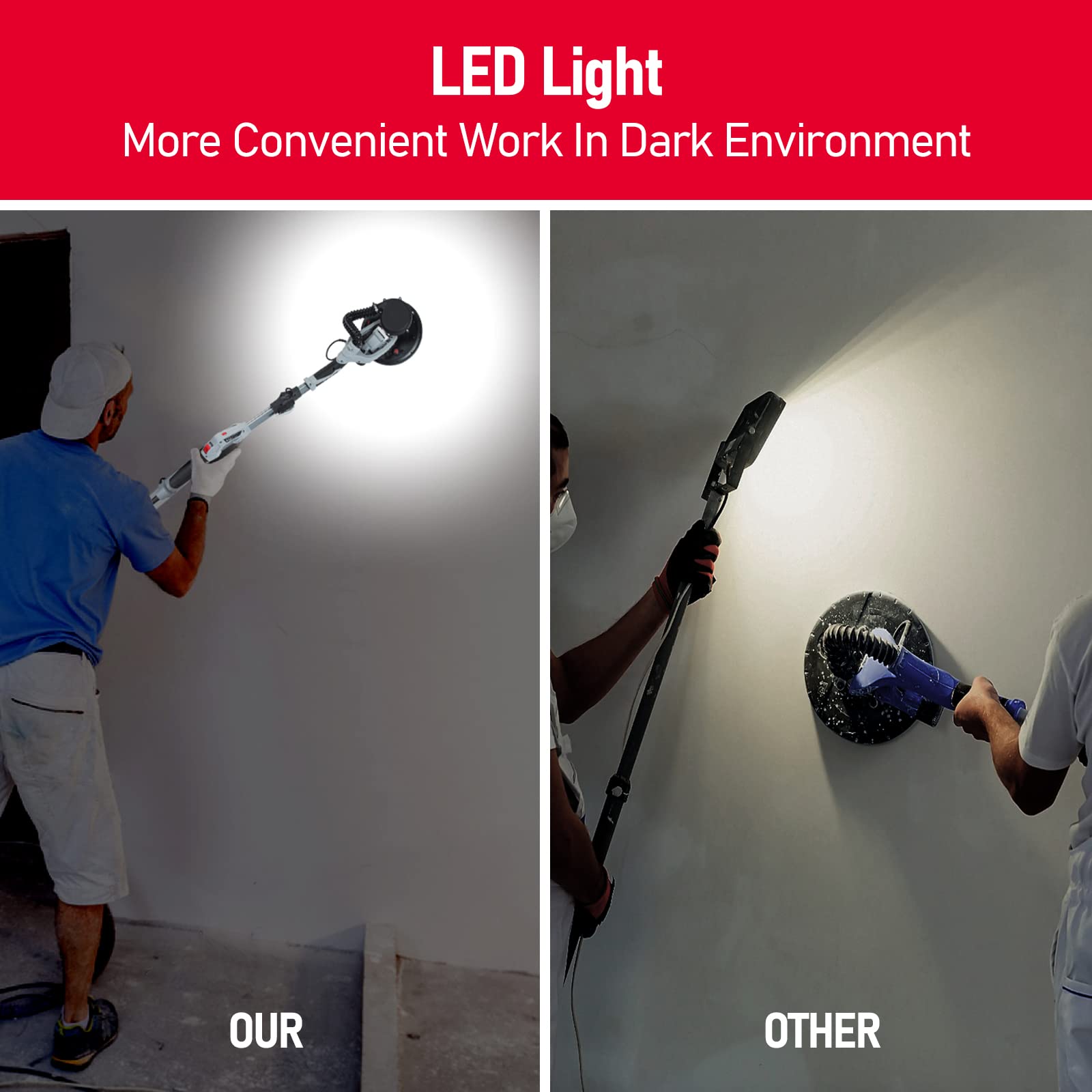 800W Electric Drywall Sander with Vacuum Dust Collection - 6.5A Popcorn Ceiling Remover Tool, Variable Speed 800-1800RPM, LED Light & Foldable Handle - Includes 12 Sanding Discs & Carrying Bag - Perfect for Drywall Repair, Ceiling Texture Removal & Home Renovation Projects