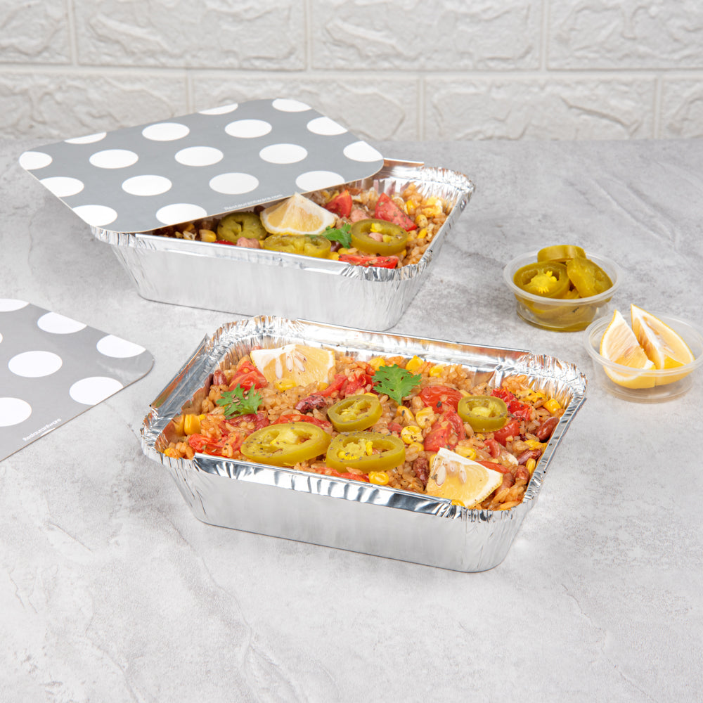 16 oz Rectangle Silver Aluminum Take Out Containers with Polka Dot Paper Lids - 7.25