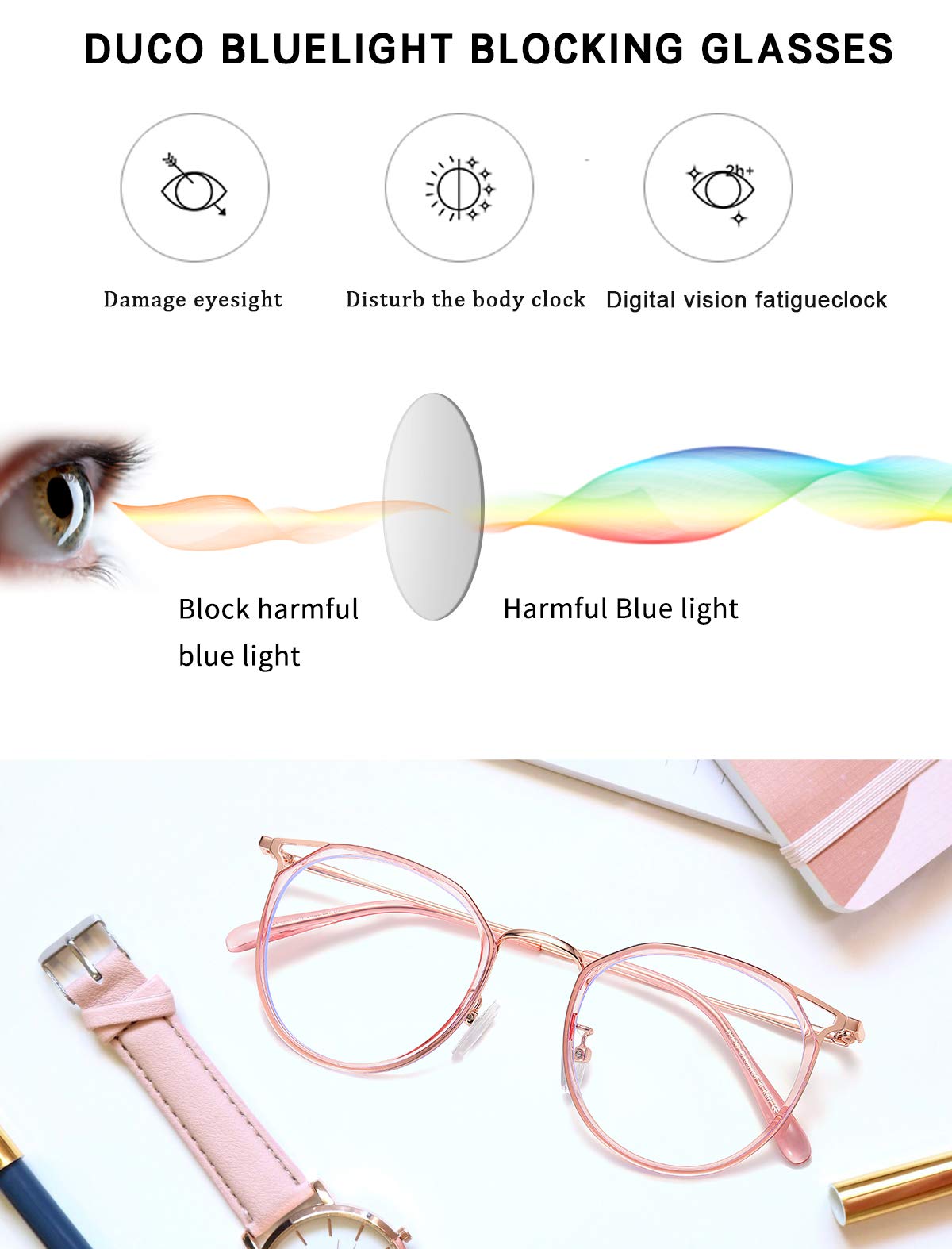 DUCO Blue Light Blocking Glasses for Women & Men - Retro Round Computer Eyeglasses for Office & Gaming