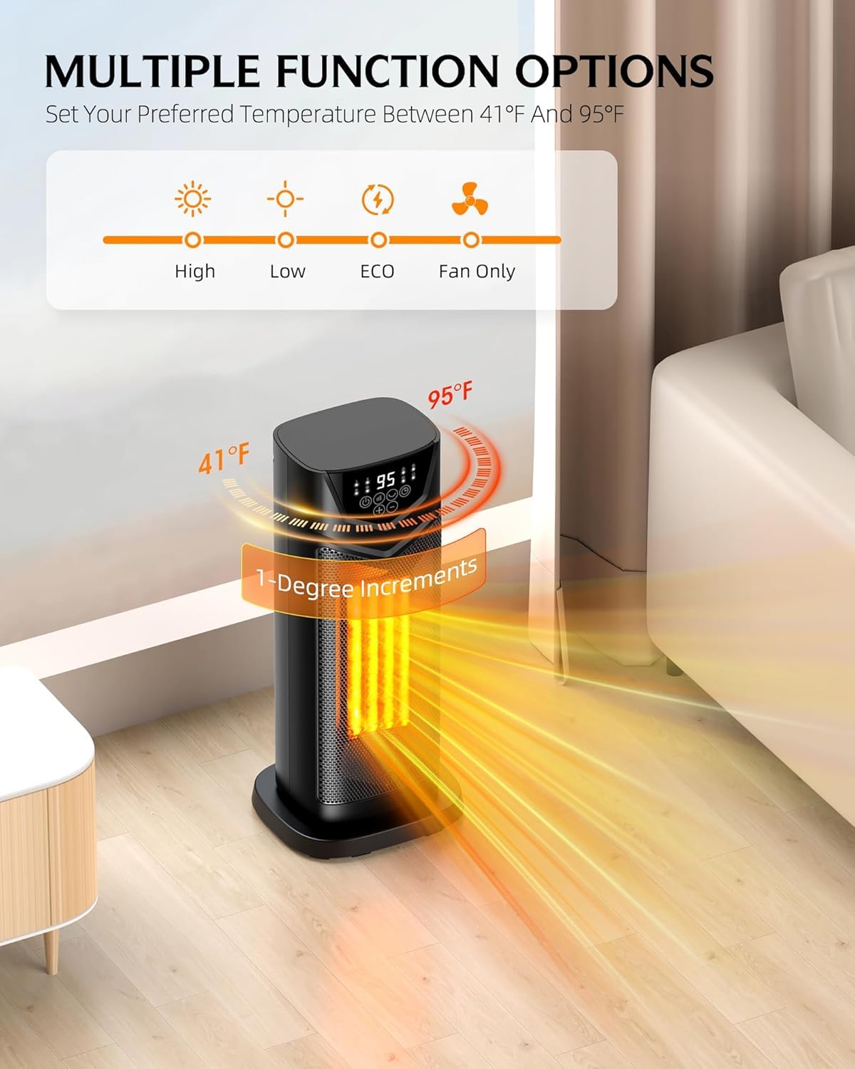 DUEDE 1500W PTC Ceramic Space Heater with Thermostat - 4 Fan Modes, 12H Timer & Remote Control - Fast Heating & Safe Portable Electric Heater for Bedroom, Office, Living Room - Perfect for Winter Home & Workspace Comfort