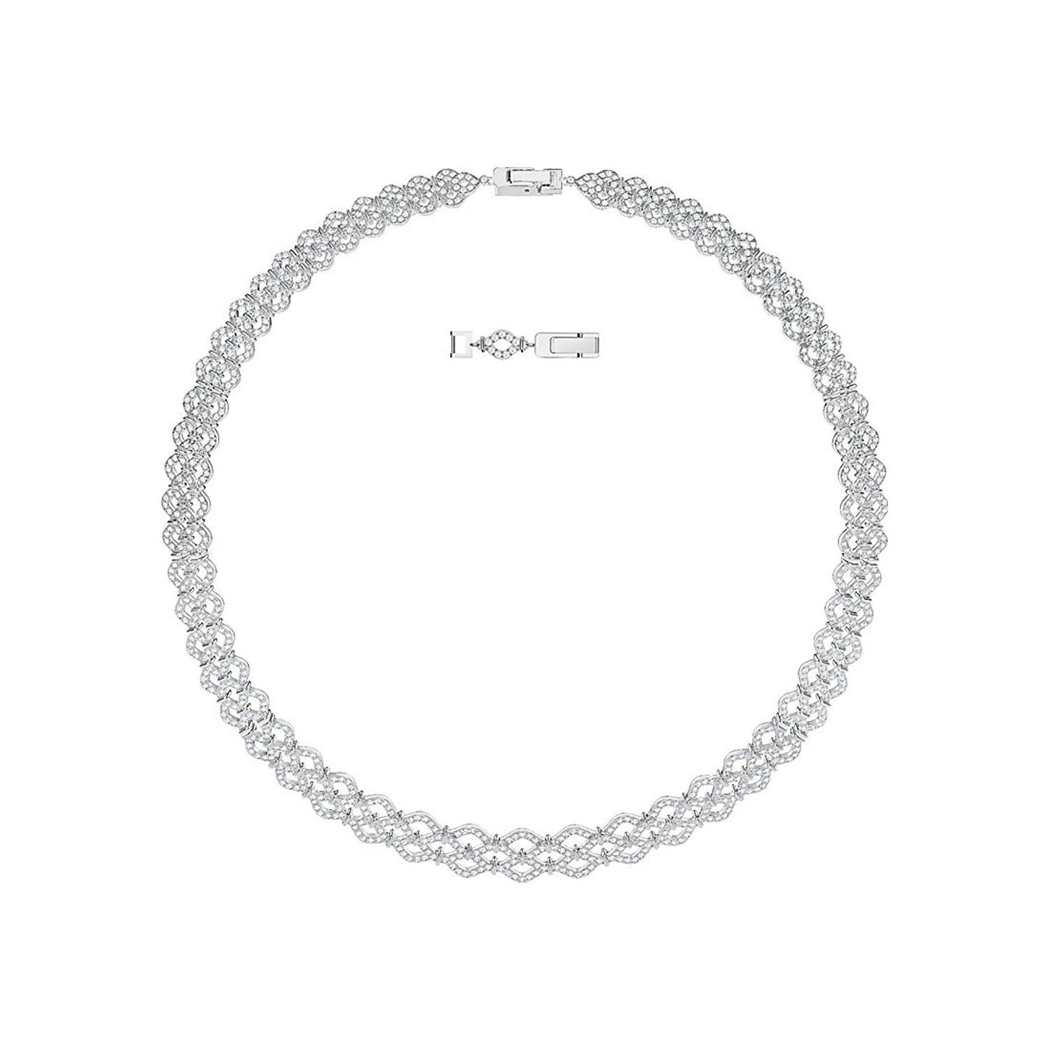 Swarovski Lace Wide Necklace for Women - Elegant White Crystal Rhodium Plated Jewelry for Weddings, Parties & Special Occasions