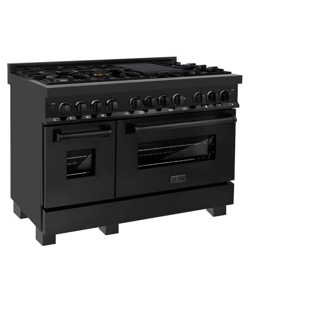 ZLINE 48-Inch 6.0 cu. ft. Dual Fuel Range with Gas Cooktop & 2 Electric Ovens - Black Stainless Steel with 6 Brass Burners (RAB BR 48) | Professional Kitchen Appliance for Home Chefs & Cooking Enthusiasts