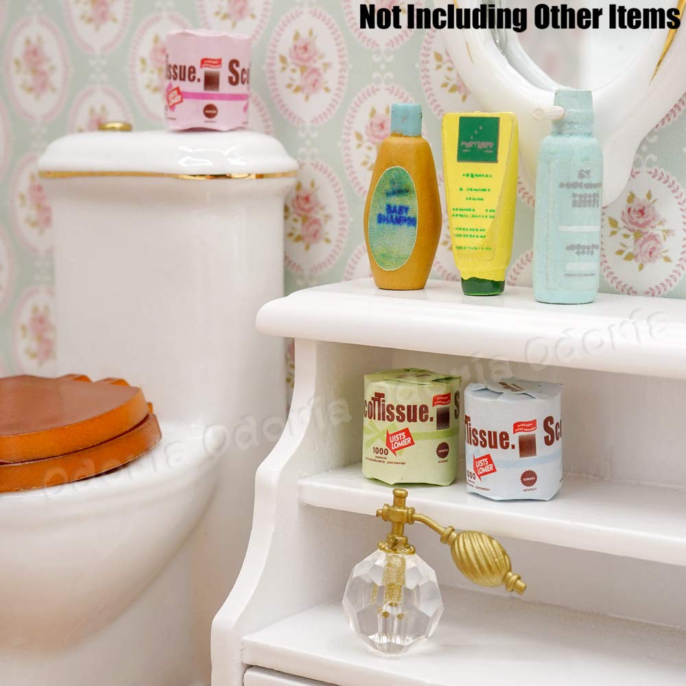 Odoria 1/12 Scale Miniature Shampoo, Lotion & Perfume Set with Toilet Paper Rolls - Realistic Dollhouse Bathroom Accessories for DIY Crafts, Model Scenes & Collectors Display