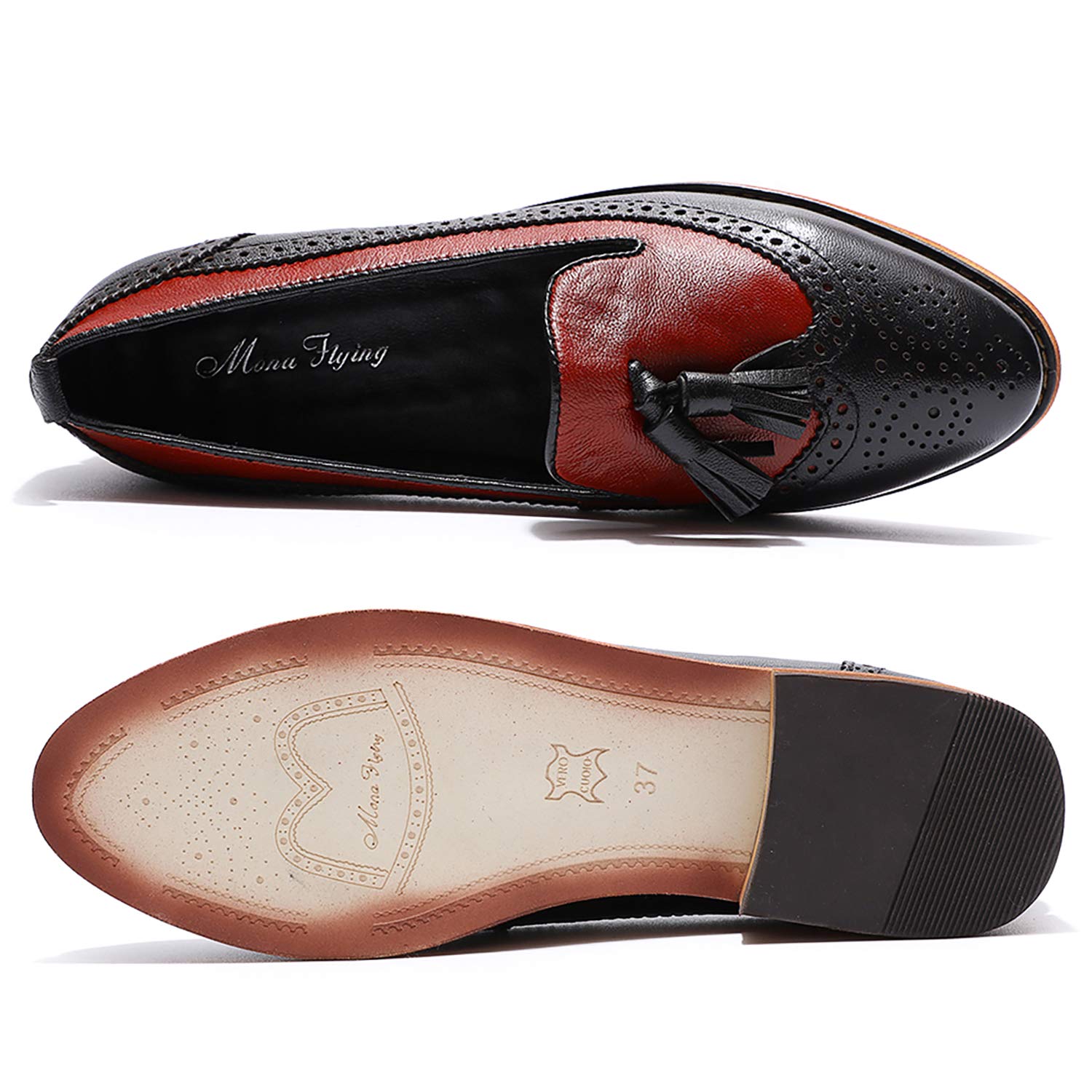 Mona Flying Women's Leather Tassel Loafers - Wingtip Brogue Slip-On Dress Shoes for Women - Comfortable Office & Work Flats - Perfect for Business, Casual Wear & Professional Occasions
