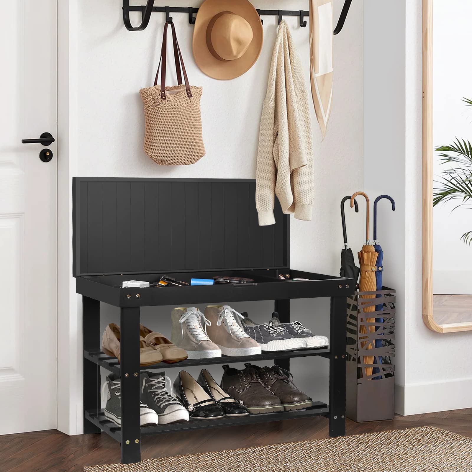 BAMBUROBA 3-Tier Bamboo Shoe Rack Bench with Storage Drawer - Entryway Shoe Organizer for Indoor & Outdoor Use - Perfect for Hallway, Porch, or Mudroom Storage Solution