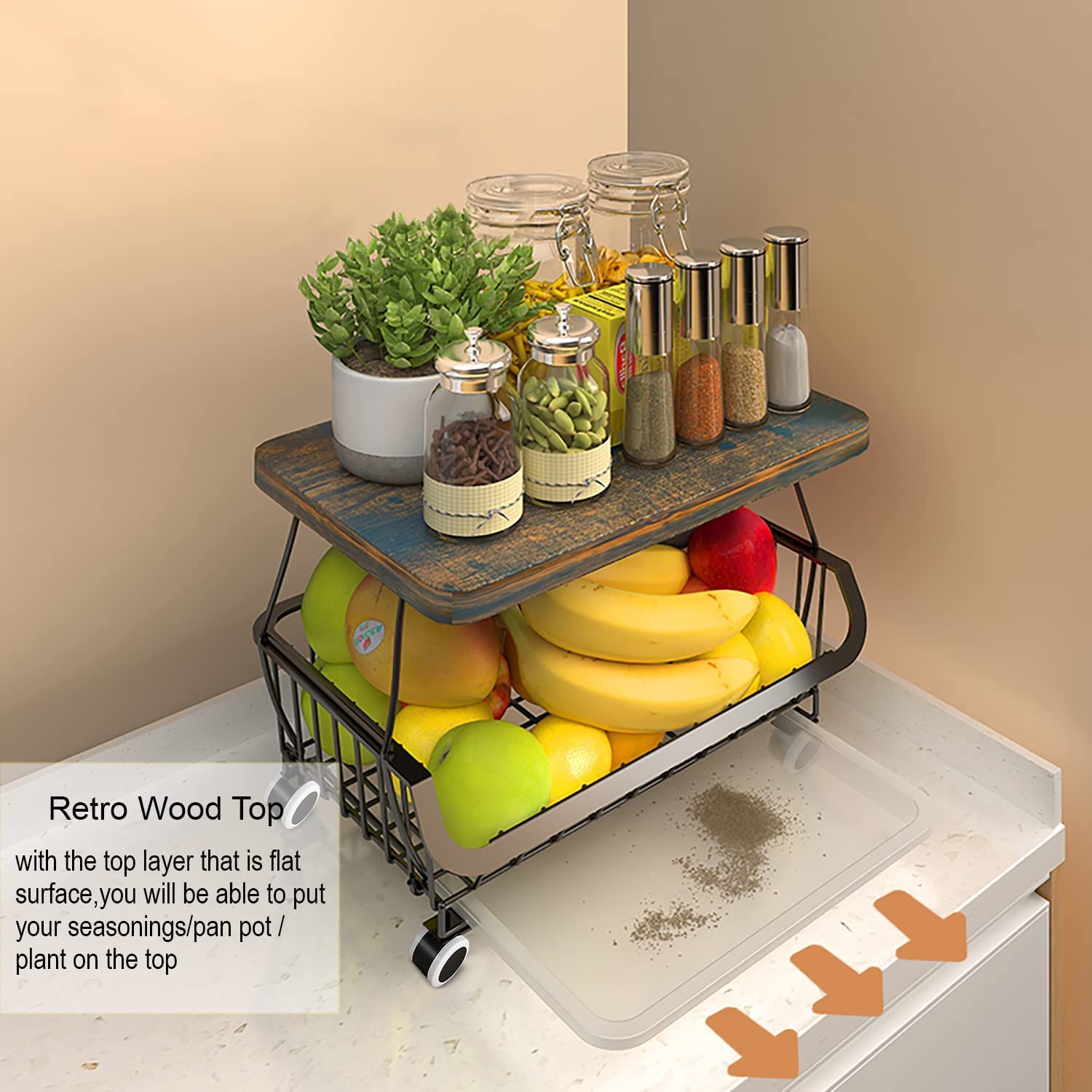 6-Tier Stackable Metal Wire Kitchen Storage Baskets with Tabletop - Organize Fruits, Vegetables & Pantry Items - Perfect for Kitchen, Garage & Home Organization