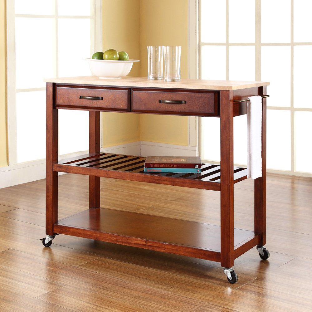 Crosley Wood Top Kitchen Prep Rolling Cart with Shelves & Drawers - Microwave Stand, Coffee Bar Station - Cherry Finish for Small Spaces & Apartment Living