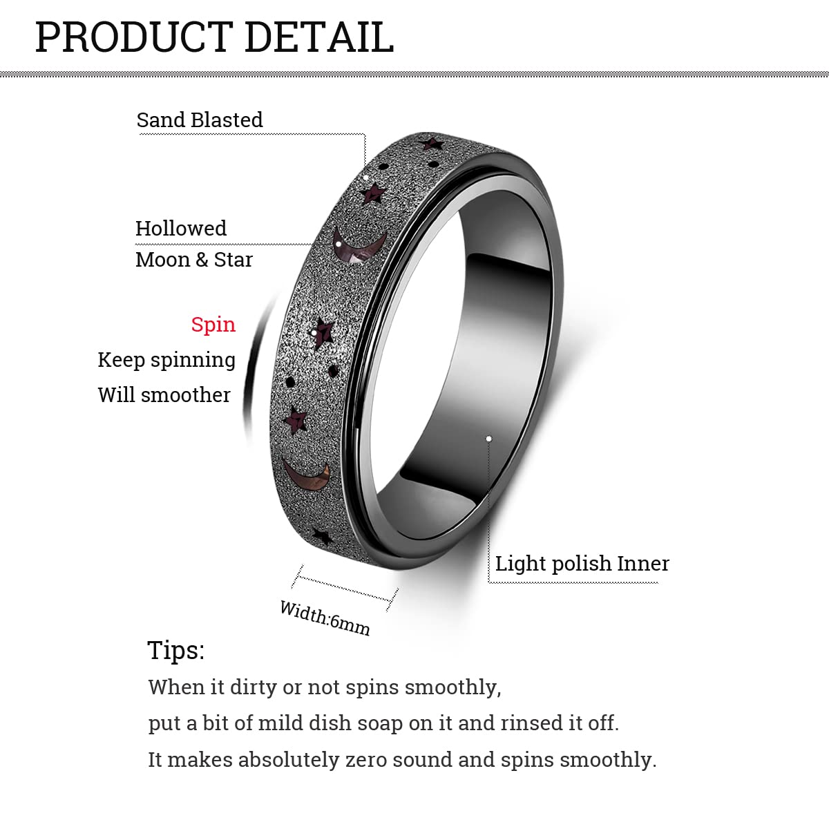 OreilleStar Anxiety Spinner Ring for Women & Men - Stainless Steel Fidget Ring for Stress Relief, Anxiety, and ADHD - Moon Star Black (Size 9) - Perfect for Office, Travel, and Daily Relaxation