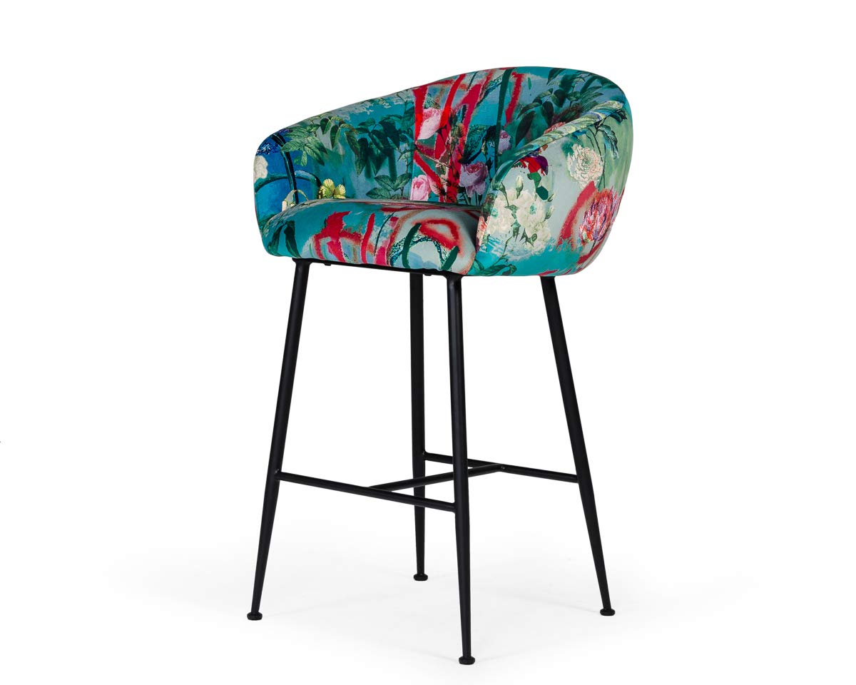 Alma Collection Modern Velvet Upholstered Bar Stool with Cast Iron Legs - Floral Pattern Black - Perfect for Kitchen Islands, Home Bars & Contemporary Dining Spaces
