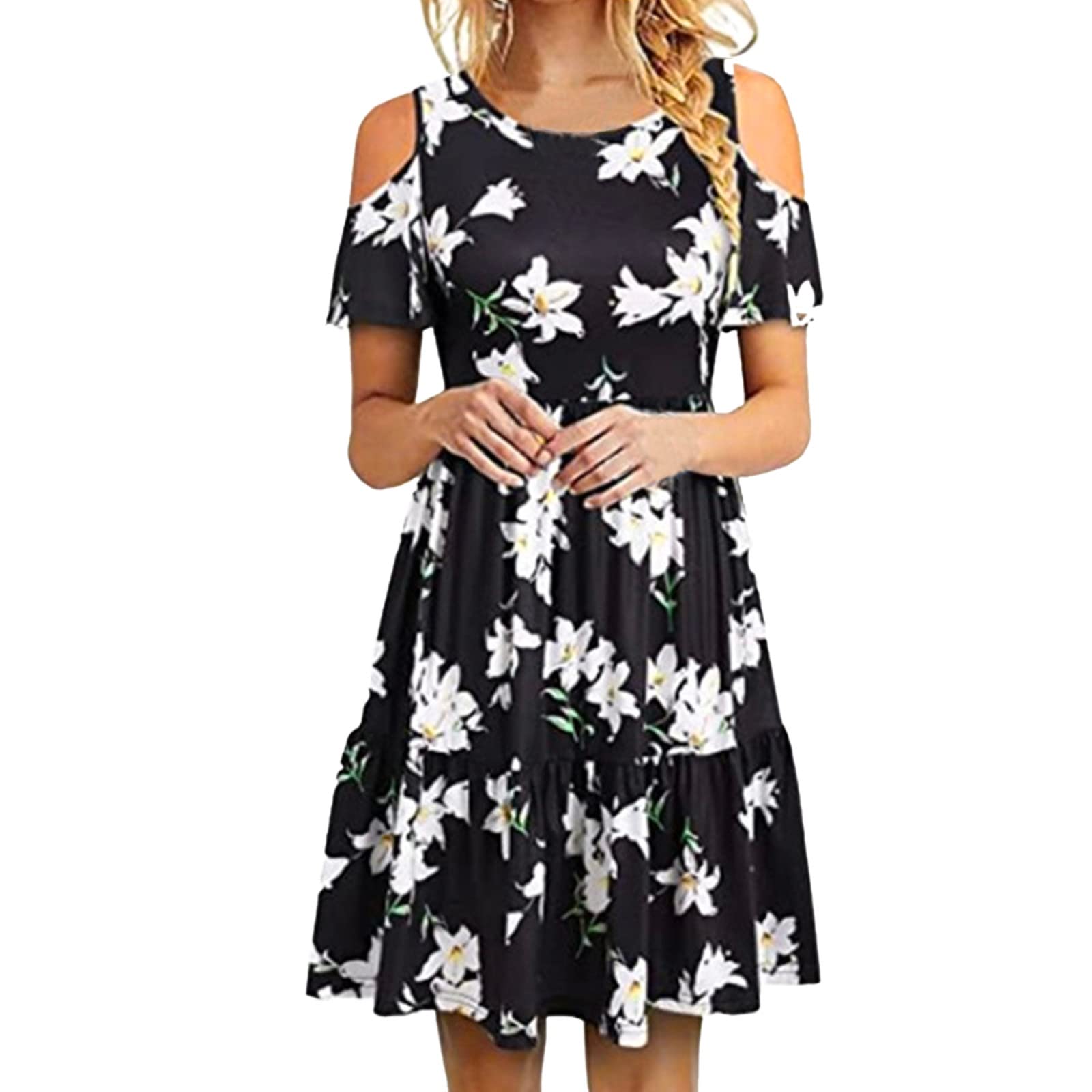 Women's Summer Casual Loose T-Shirt Dress - Off Shoulder Sexy Beach Skirt with Floral Print | Perfect for Vacation, Pool Party & Date Night