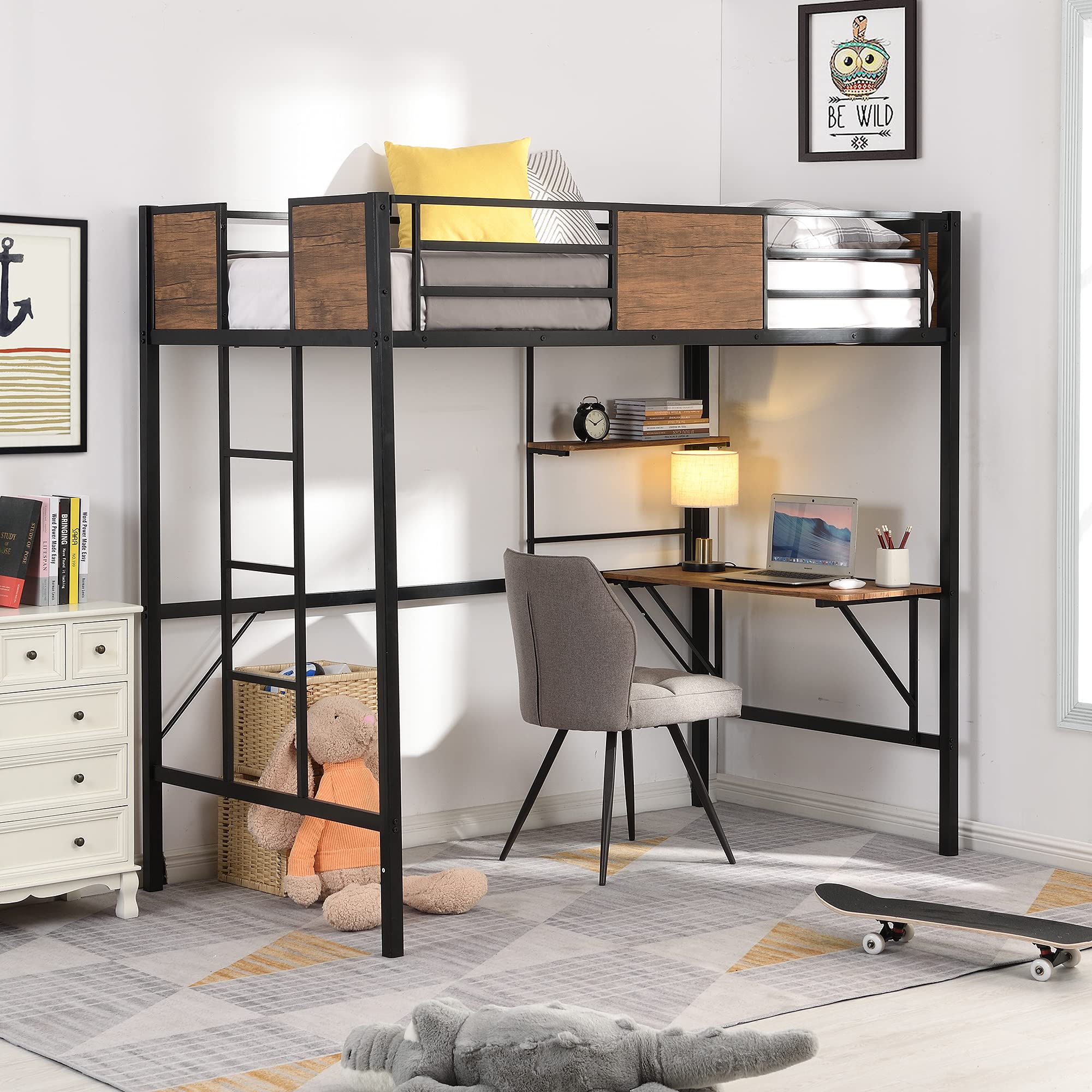 Metal Loft Bed with Desk & Storage Shelves - Twin Size Study Bed with Full-Length Guardrail & Built-in Ladder - No Box Spring Needed (Black Frame with Gray Boards) - Perfect for Small Bedrooms, Dorm Rooms & Home Office Spaces