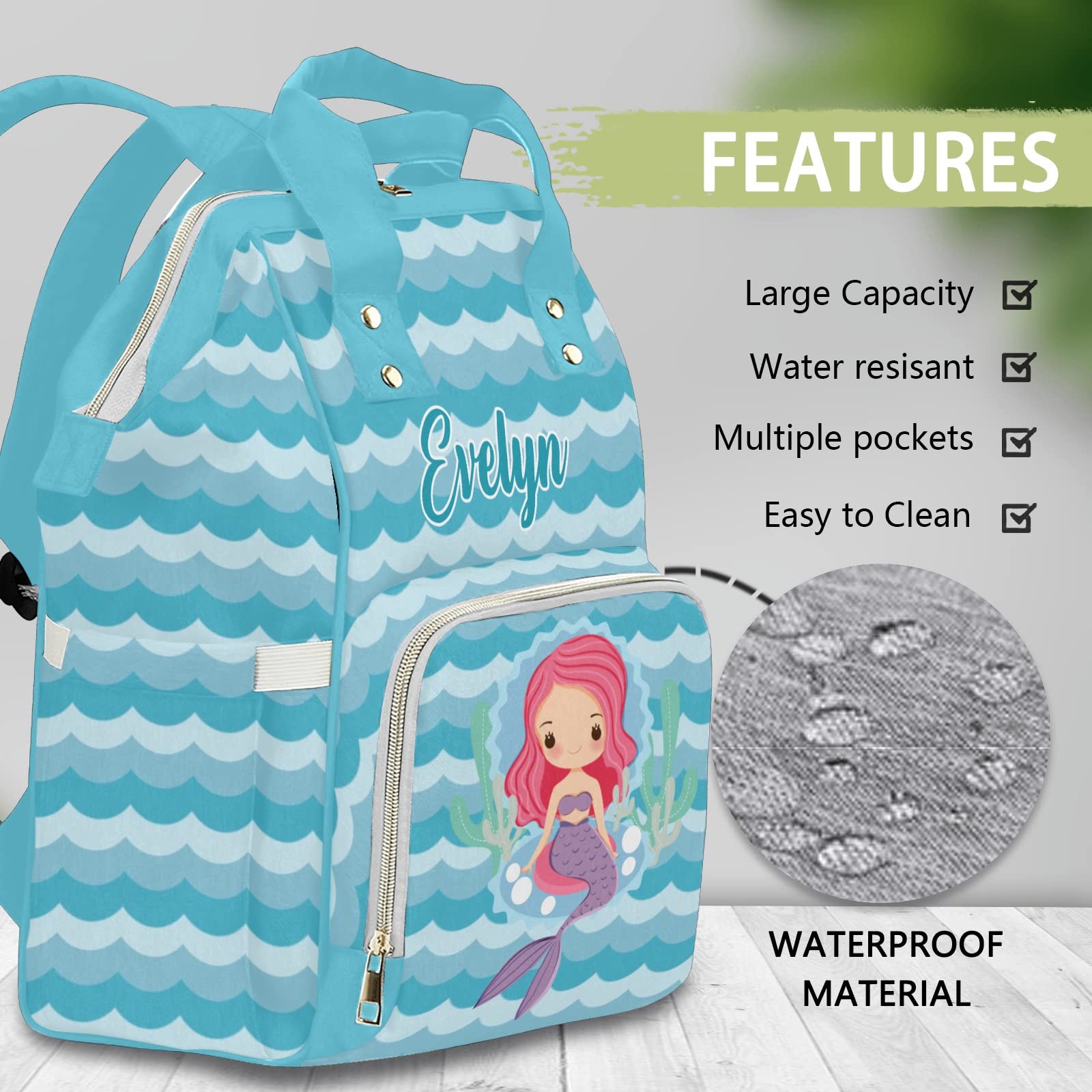 Custom Mermaid Blue Diaper Bag Backpack & Tote - Personalized Baby Shower Gift for Moms - Perfect for Travel, Daycare & On-the-Go Parenting