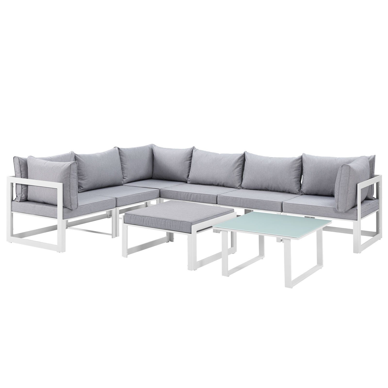 Modern Urban Contemporary 8-Piece Outdoor Patio Sectional Sofa Set with White Grey Fabric & Steel Frame - Perfect for Backyard, Poolside, and Garden Relaxation