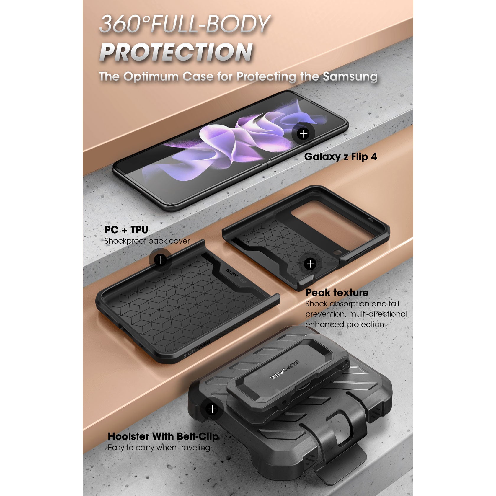 Samsung Galaxy Z Flip 4 Unicorn Beetle PRO Heavy Duty Rugged Case with Belt Clip - Shockproof Protective Cover for Everyday Use, Outdoor Activities & Work (Black)