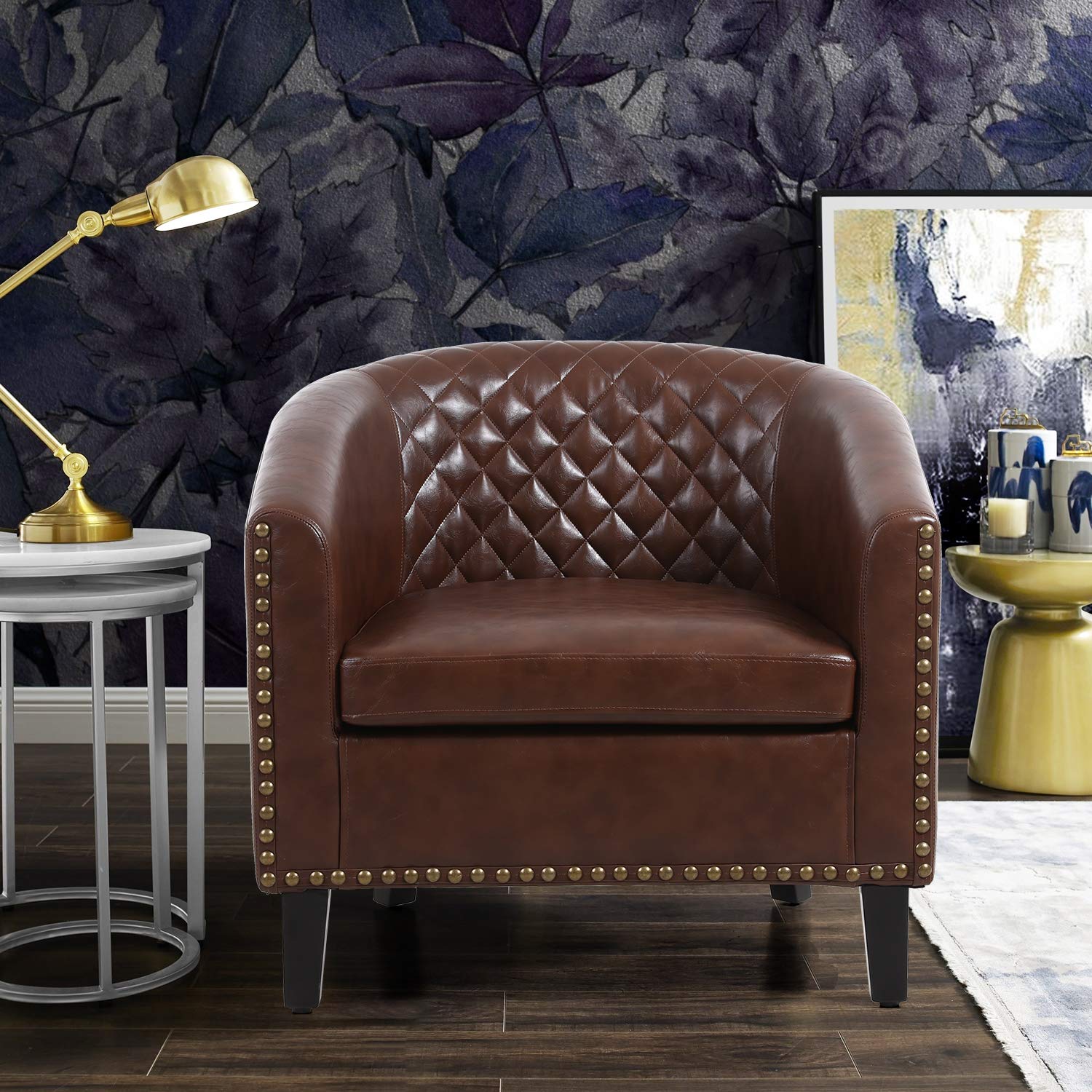 HomVent Brown Faux Leather Barrel Accent Chair - Upholstered Club Chair with Nailhead Trim & Solid Wood Legs - Perfect for Living Room, Bedroom, Home Office & Reception Areas