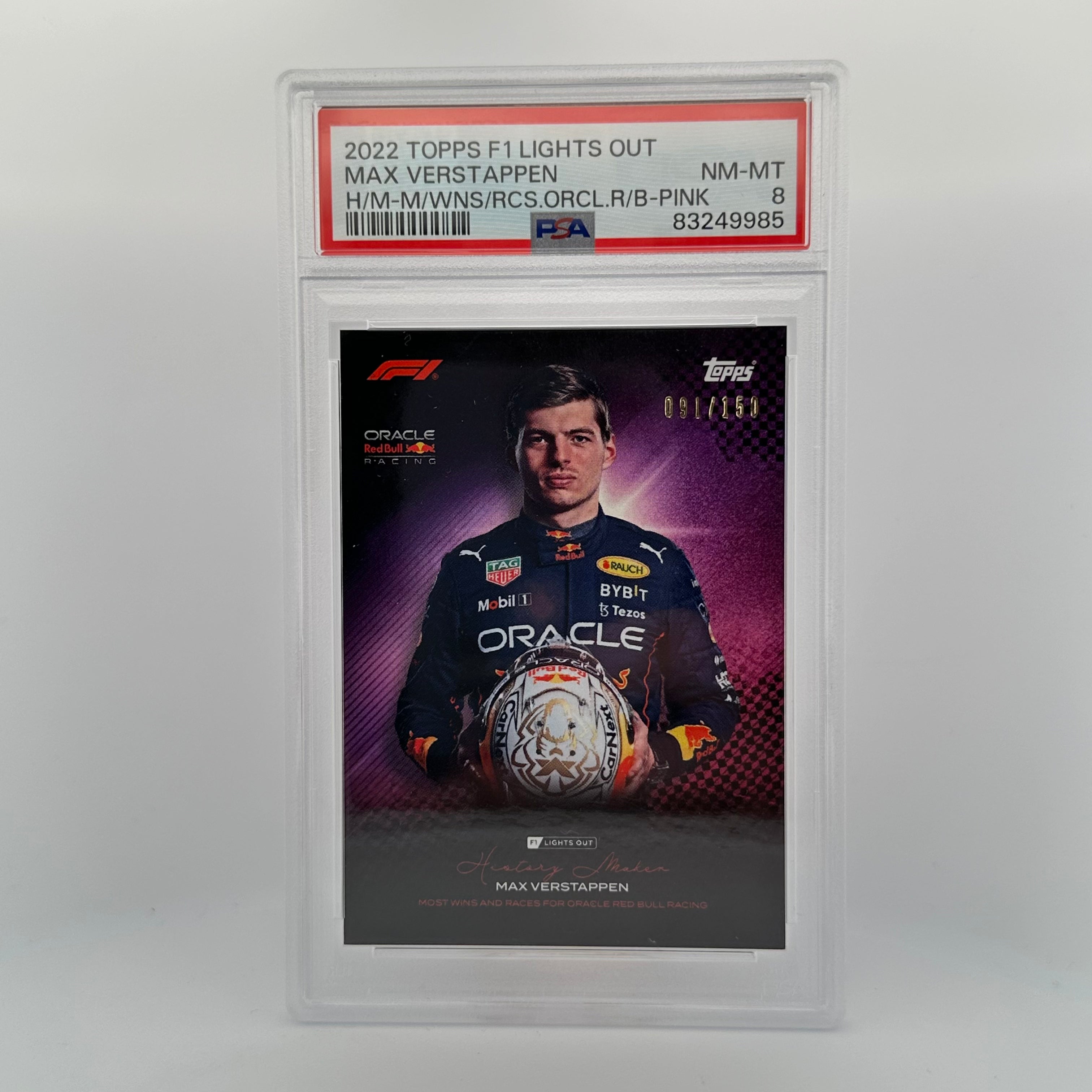 PSA 8 Graded Max Verstappen 2021 History Maker Pink Parallel /150 - Rare F1 Trading Card for Collectors & Racing Fans - Perfect for Display, Investment & Memorabilia Collections