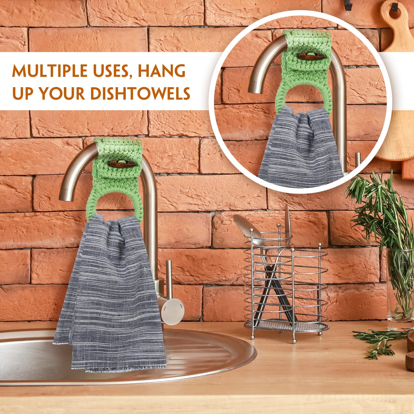 Hoolerry 8-Piece Crochet Hanging Kitchen Towel Set with Ring & Button Loop - Dish Towel Holder for Oven, Stove, Cabinet Door - 8 Elegant Colors (Round) - Perfect for Farmhouse, Rustic & Modern Kitchens