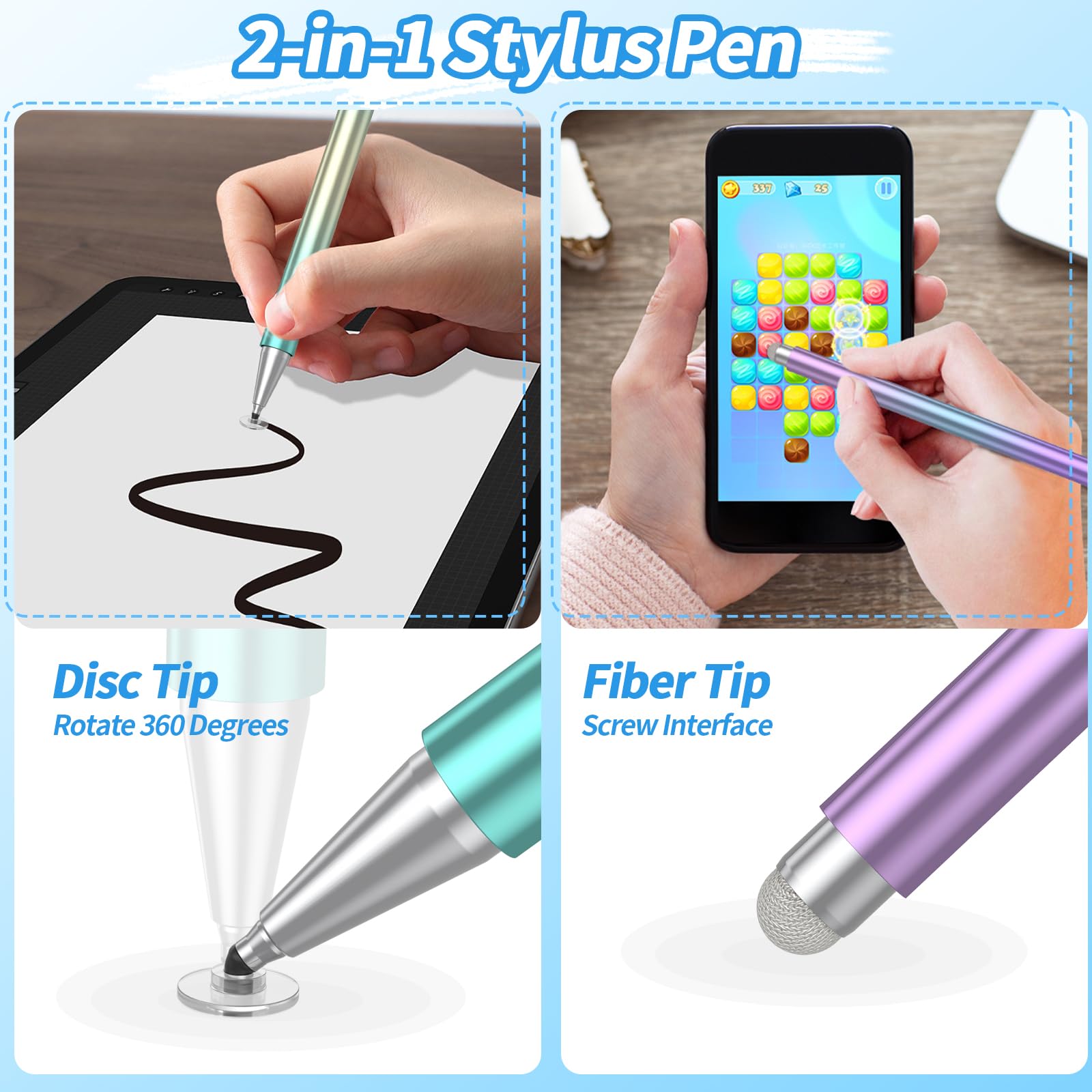3 Pack Stylus Pens for Touch Screens - High Precision Magnetic Disc Universal Stylus Compatible with iPad, iPhone, Android & Microsoft Tablets (Green Gold/Purple Blue) - Perfect for Drawing, Note Taking & Digital Signatures