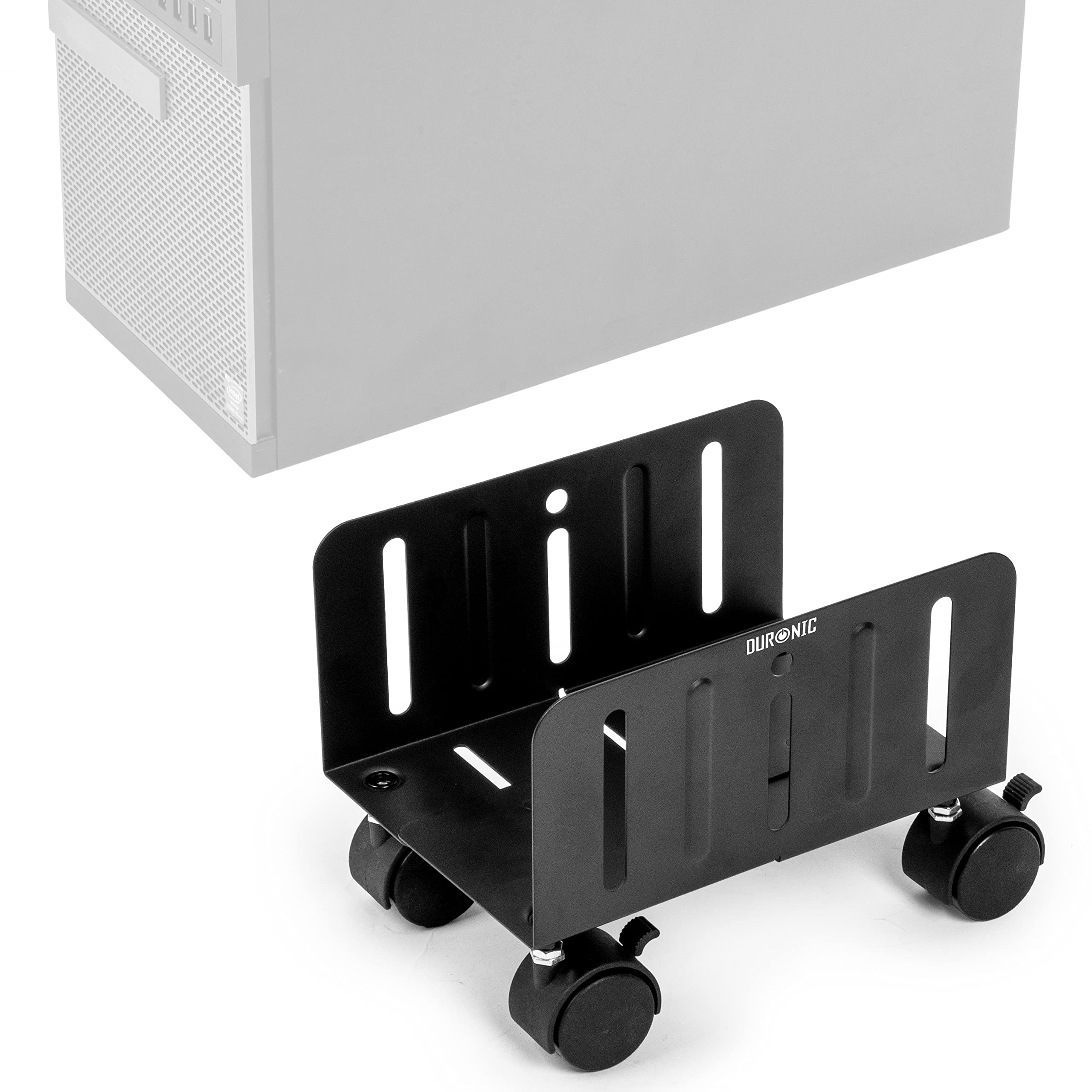 Duronic DMHD2 Universal Adjustable Computer Tower Stand with 4 Locking Caster Wheels - Under Desk PC CPU Rolling Cart for Home & Office Workspace Organization