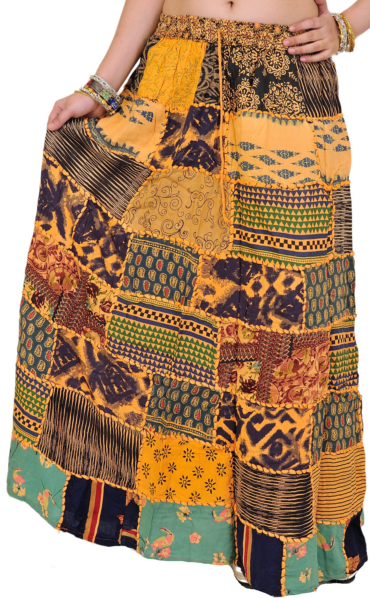 Handmade Long Printed Dori Skirt from Gujarat with Intricate Patchwork - Comfortable Rayon Fabric for Boho Fashion, Festivals & Summer Outfits