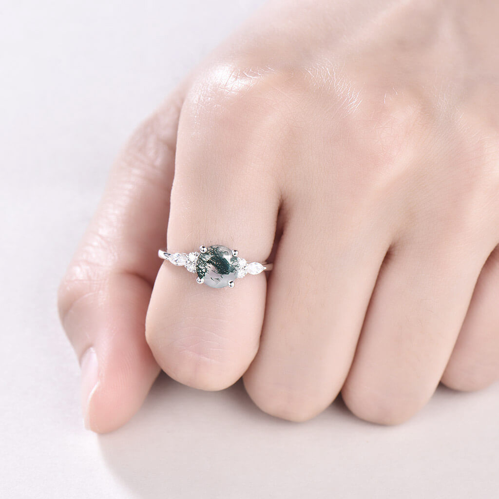 Art Deco Dainty Round Moss Agate Nadia Engagement Ring - Vintage Inspired Wedding Band for Women, 14K Gold Plated Sterling Silver, Perfect for Proposals, Anniversaries & Romantic Occasions