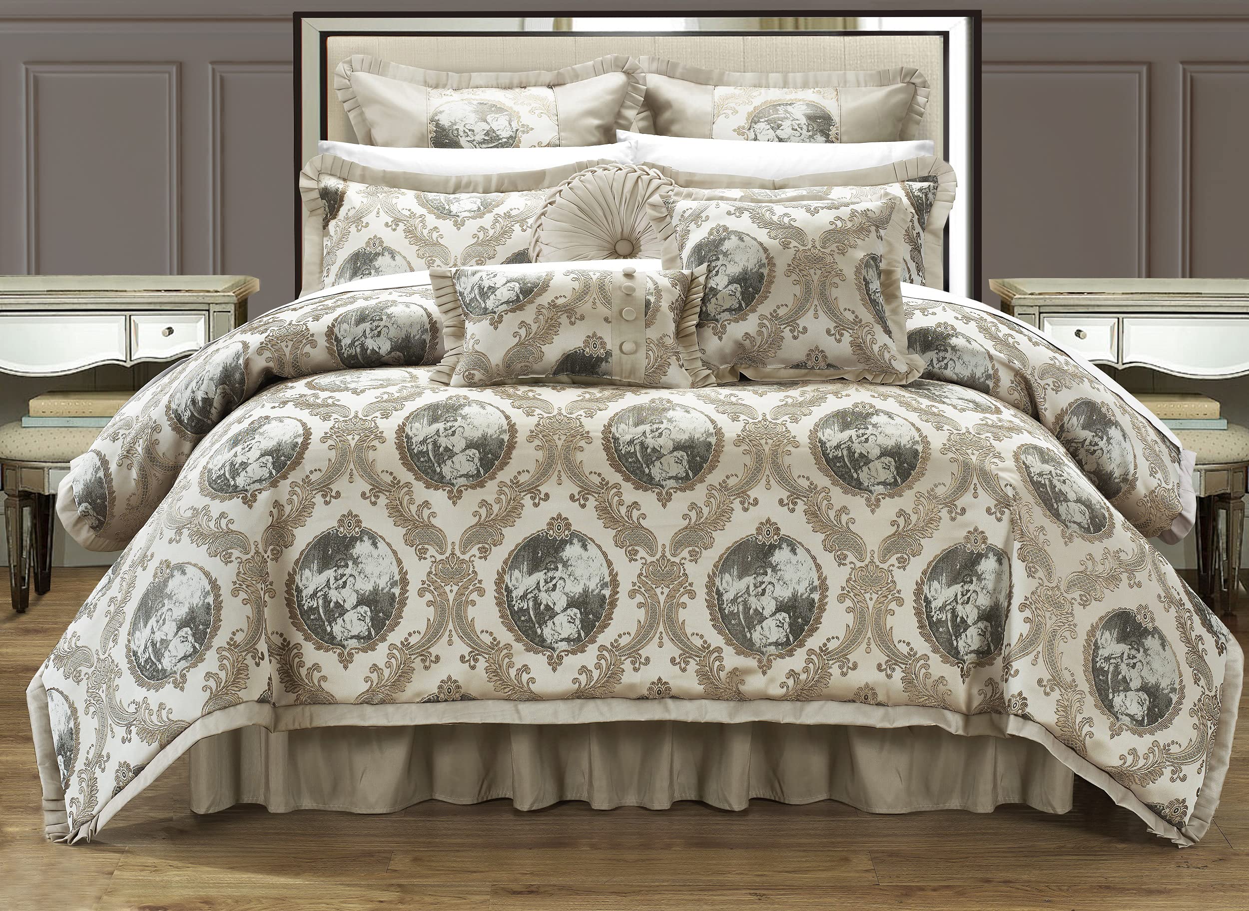 Chic Home 9-Piece Romeo and Juliet Upholstery Comforter Set with Decorative Pillows - King Size Beige Bedding Ensemble | Perfect for Master Bedroom, Guest Room & Luxury Hotel Decor