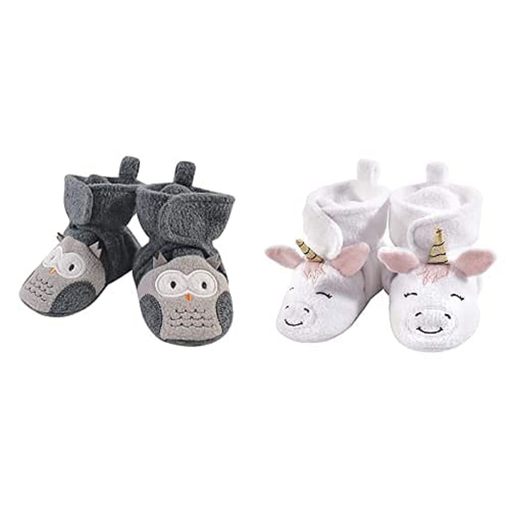 Hudson Baby Fleece Booties 2-Pack - Gray Owl & Unicorn for 12-18 Months - Cozy Winter Footwear