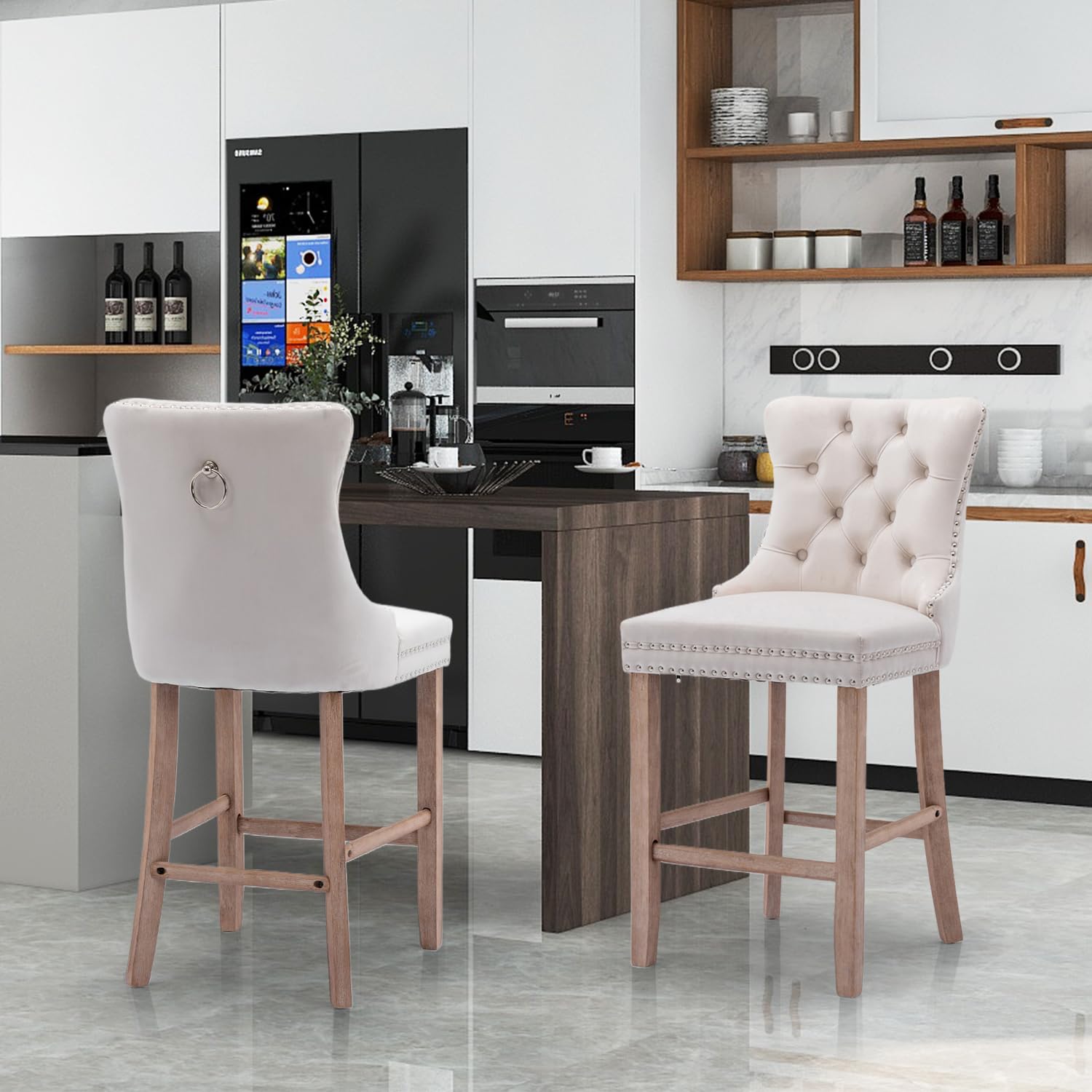SoarFlash Modern Velvet Upholstered Bar Stools Set of 2 - Wood Legs, Button Tufted, Chrome Nailhead Accents, Armless Counter Height Stools for Kitchen Island, Breakfast Bar & Home Decor (Beige)