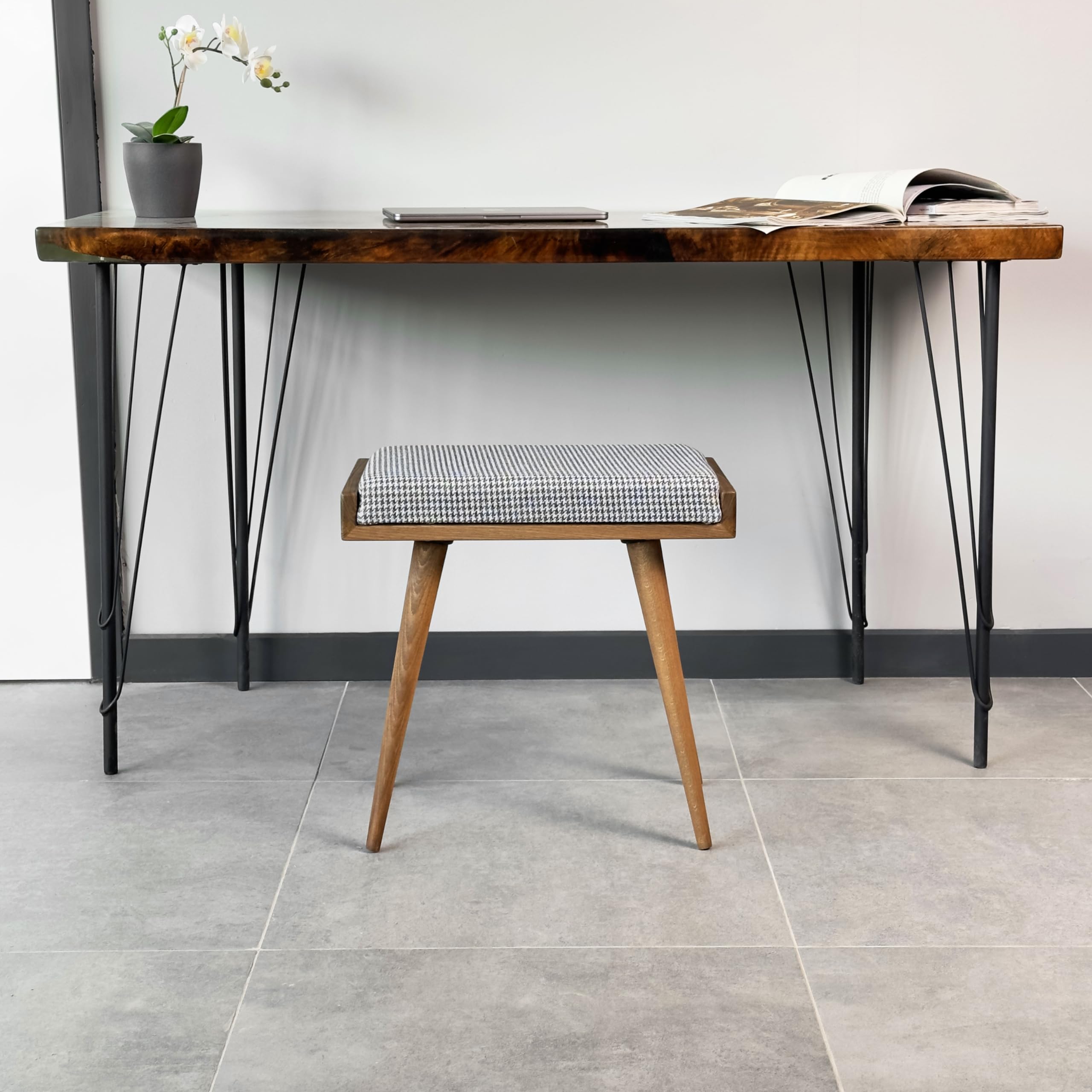 Walnut Ottoman Stool for Living Room - Upholstered Crowbar Pattern Fabric - Multi-Functional Piano Bench, Bedroom Seat & Footrest - Perfect for Home Decor, Relaxation & Extra Seating