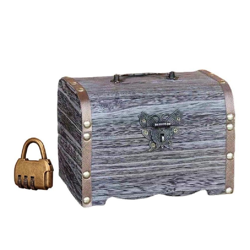 Vintage Wooden Coin Piggy Bank with Lock - Retro Treasure Chest Jewelry Organizer Box for Rings, Bracelets & Pearls - Home Decor Storage for Makeup, Tabletop & Closet Organization
