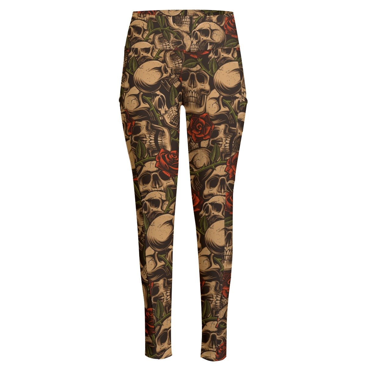 Bronze Skulls and Roses High Waist Yoga Leggings with Side Pockets - Women's Workout Tights for Gym, Running, and Casual Wear
