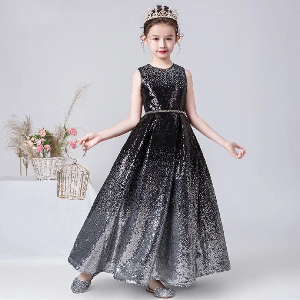 Sparkly O Neck Flower Girl Dress with Sequins - Elegant Long Formal Party Gown for Weddings, Pageants & Special Occasions