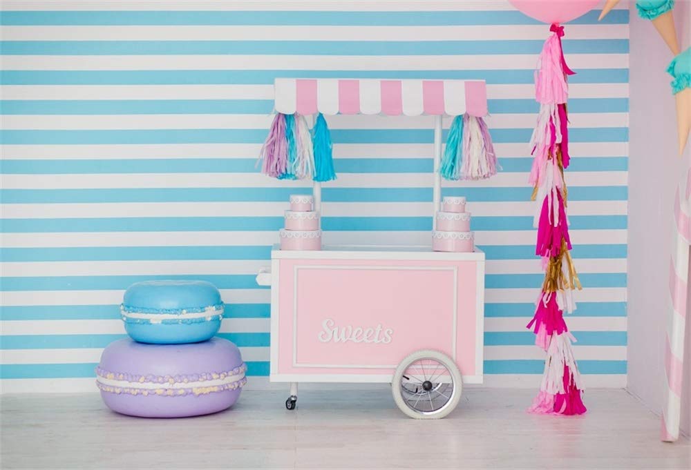 AOFOTO 5x3ft Pink Sweets Cart Backdrop for Little Princess Girl's First Birthday, Baby Shower, Photo Studio Props - White and Blue Striped Vinyl Background for YouTube Videos & Party Decorations