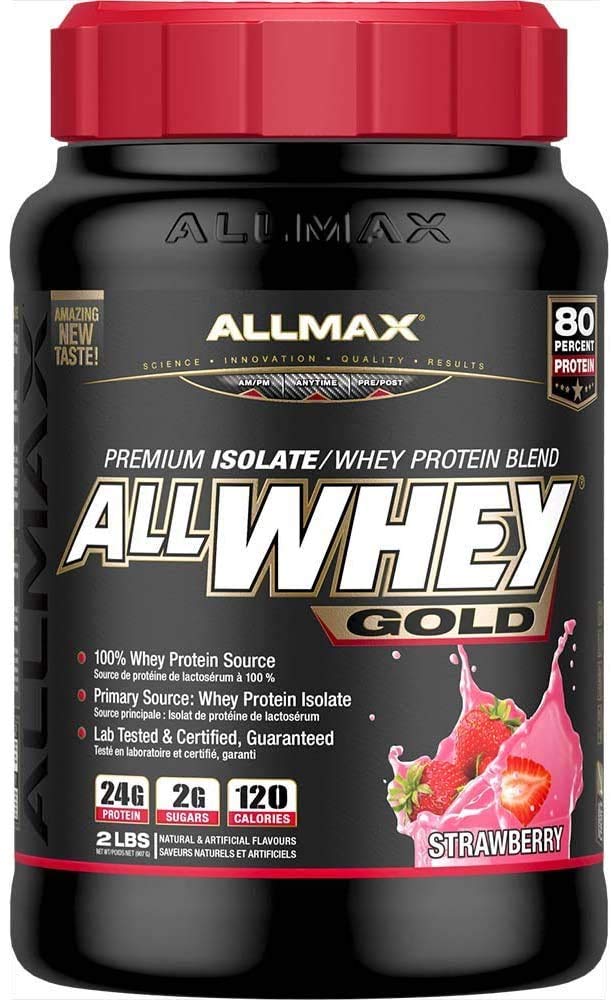 ALLMAX Nutrition Gold ALLWHEY Whey Protein Powder, Strawberry Flavor - 2 lb (907g) with 24g Protein Per Scoop | Gluten Free, Low Carb & Low Sugar | 30 Servings for Muscle Recovery & Post-Workout Nutrition