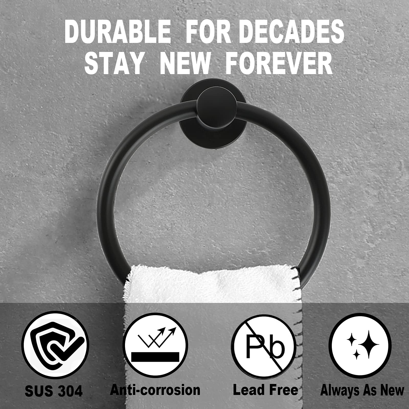 Premium Matte Black Towel Ring - 2 Pack SUS 304 Stainless Steel Bathroom Towel Holder with Wall Mount Hardware (Drill Required) - Durable Round Hand & Bath Towel Hanger for Modern Bathroom Decor